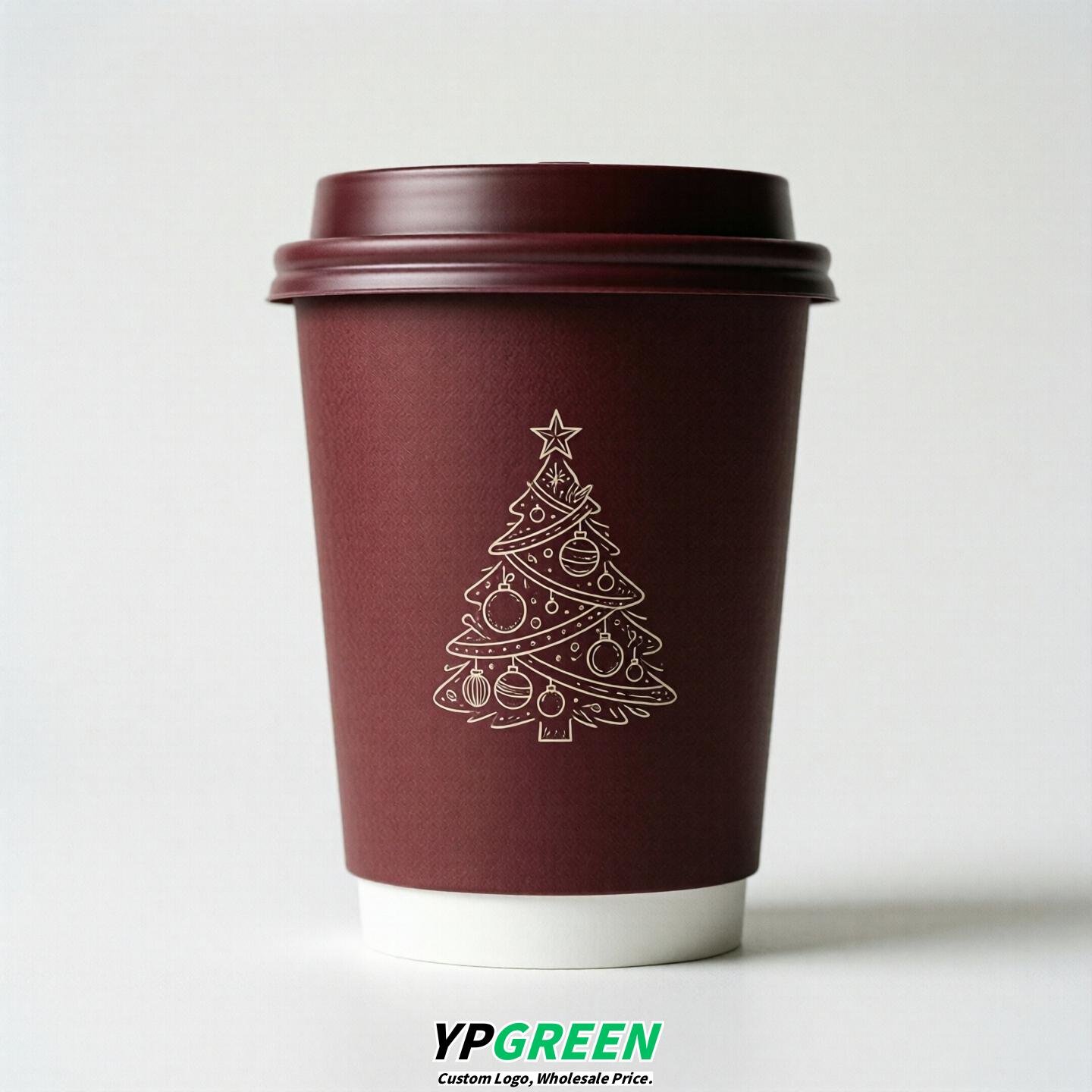 Burgundy Paper Cups with Christmas Design 8-24oz