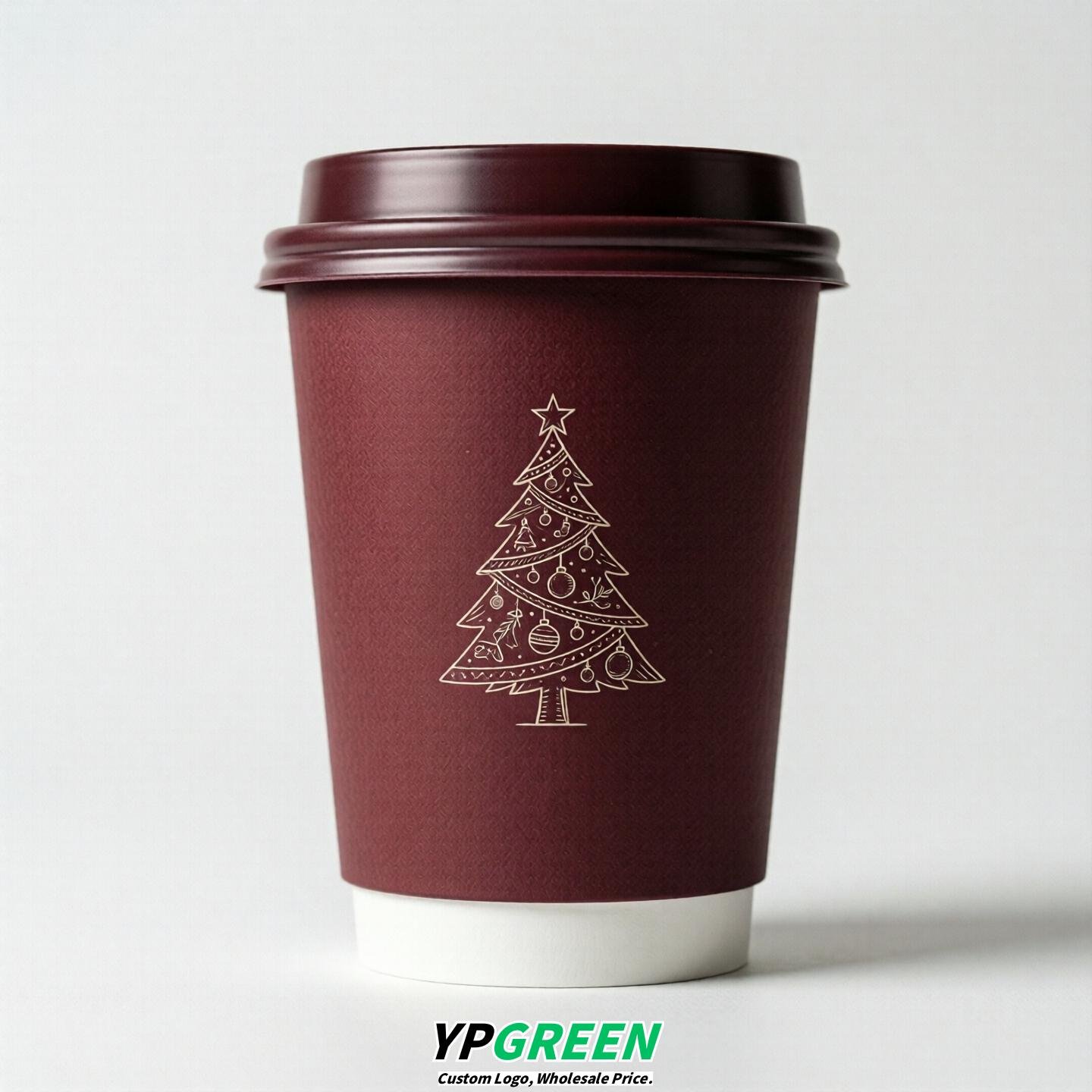 Burgundy Paper Cups with Christmas Design 8-24oz