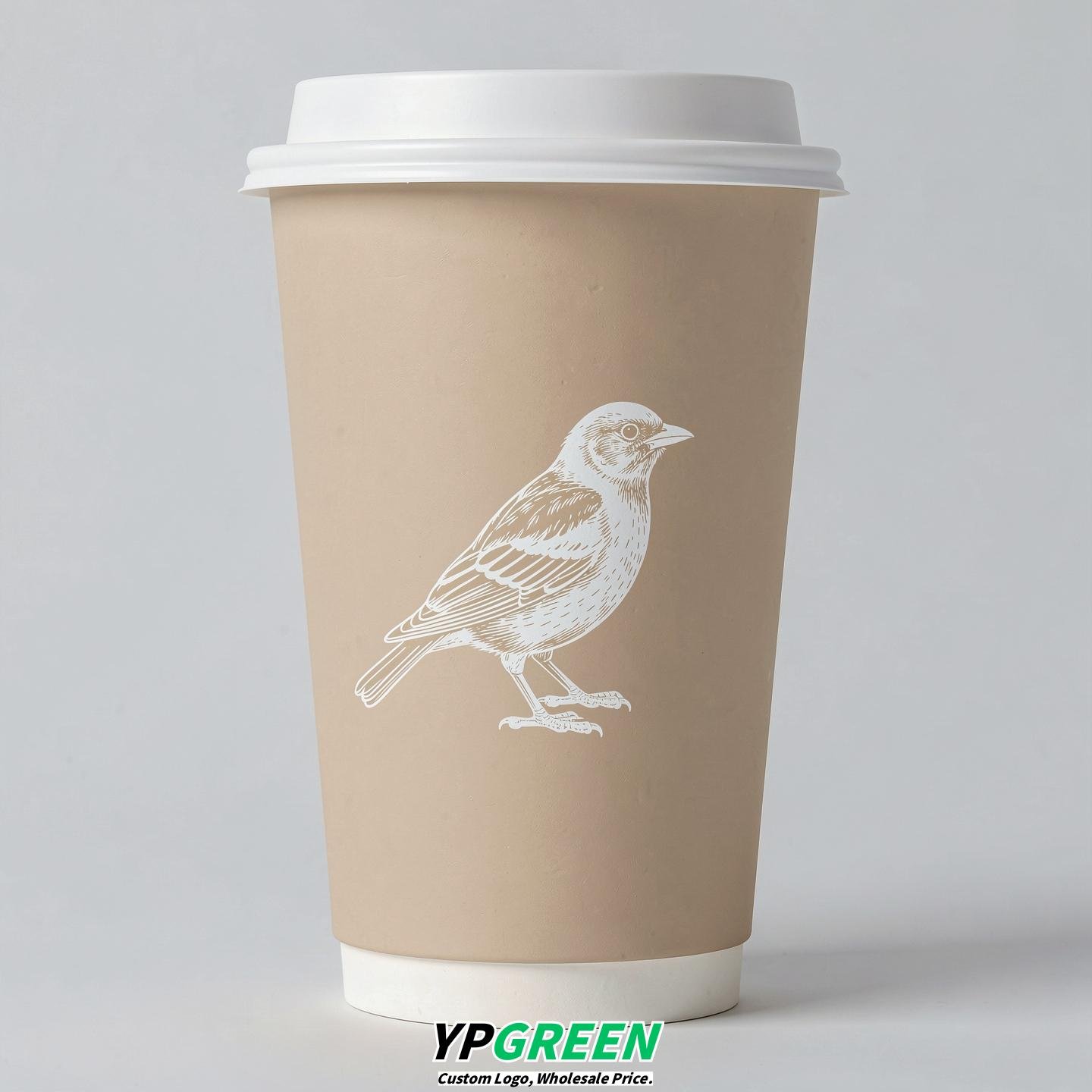 Champagne Paper Cups with Bird Logo & Lids 8-24oz