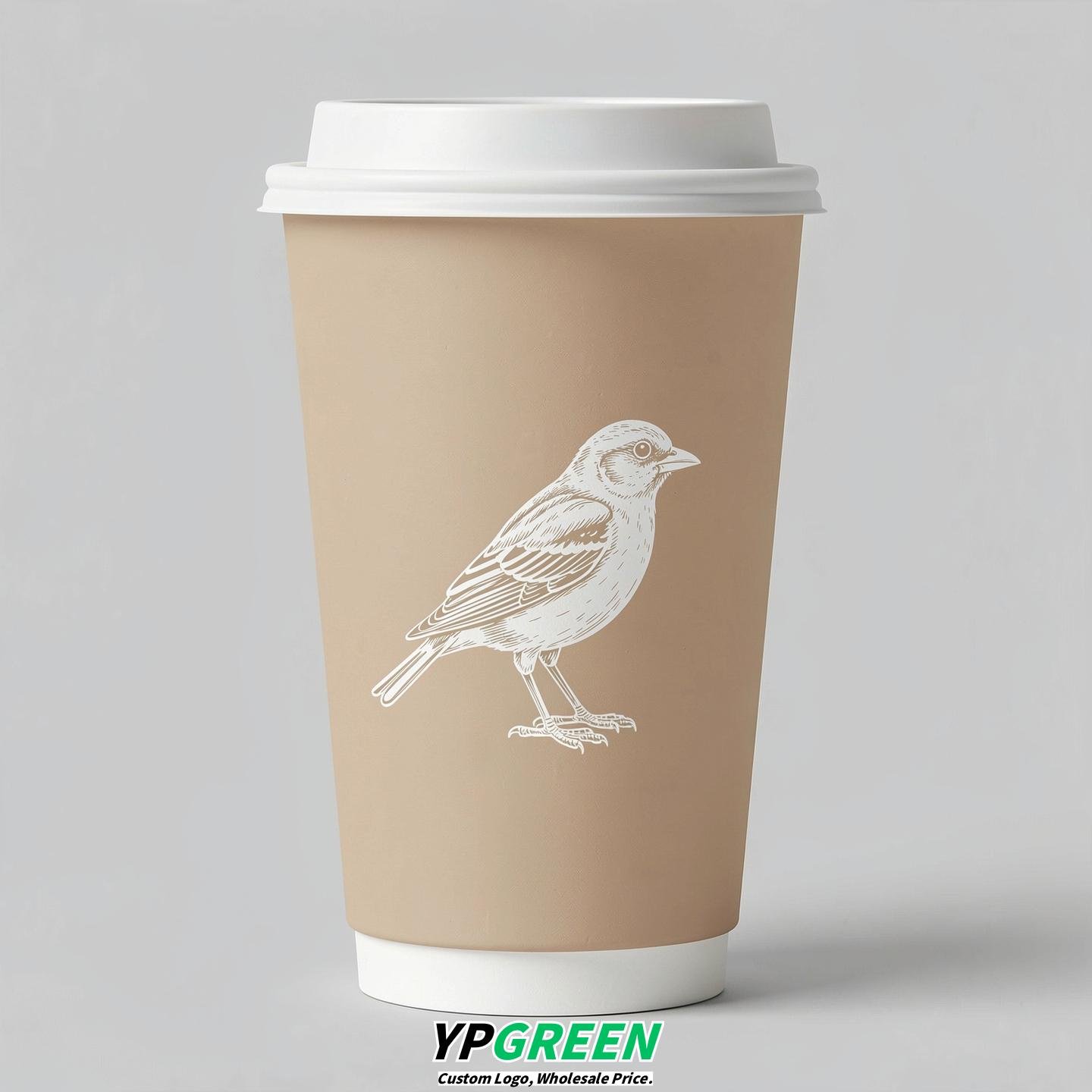 Champagne Paper Cups with Bird Logo & Lids 8-24oz