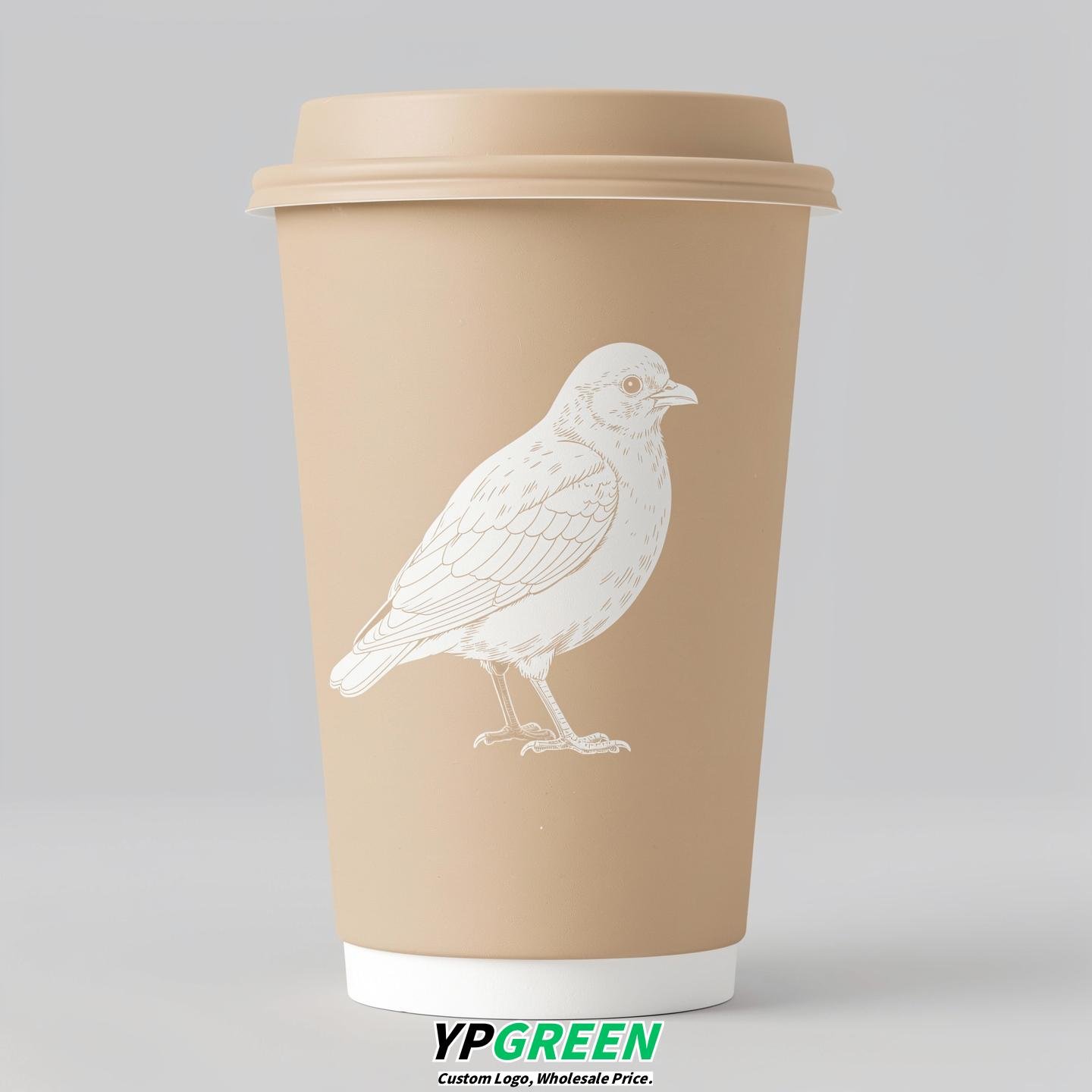 Champagne Paper Cups with Bird Logo & Lids 8-24oz