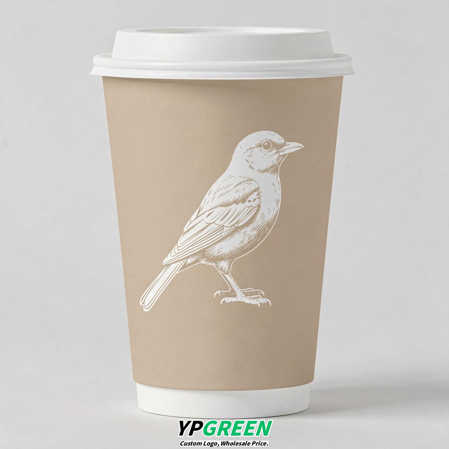 Champagne Paper Cups with Bird Logo & Lids 8-24oz