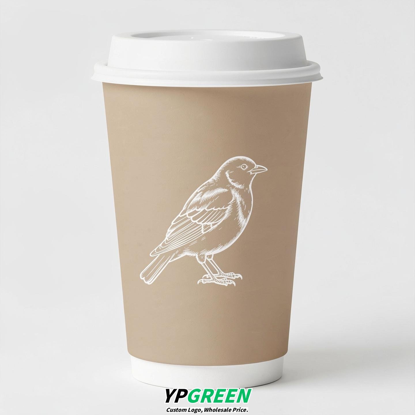 Champagne Paper Cups with Bird Logo & Lids 8-24oz