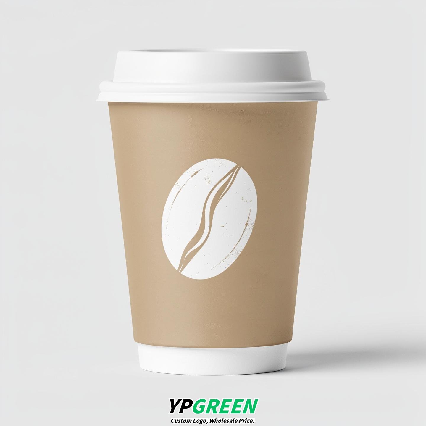 Champagne Paper Cups with Coffee Bean Logo & Lids 8-24oz