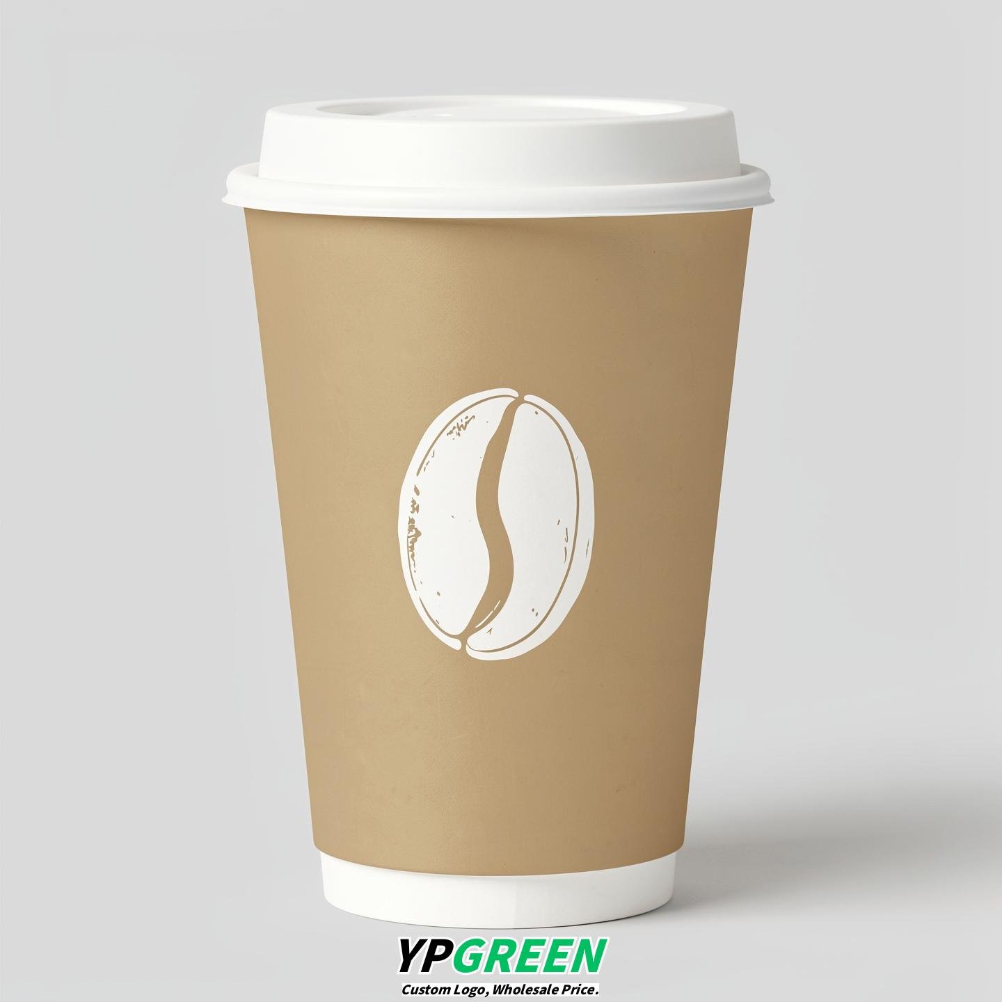 Champagne Paper Cups with Coffee Bean Logo & Lids 8-24oz