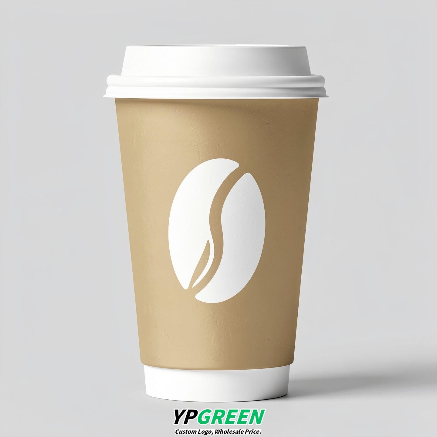 Champagne Paper Cups with Coffee Bean Logo & Lids 8-24oz