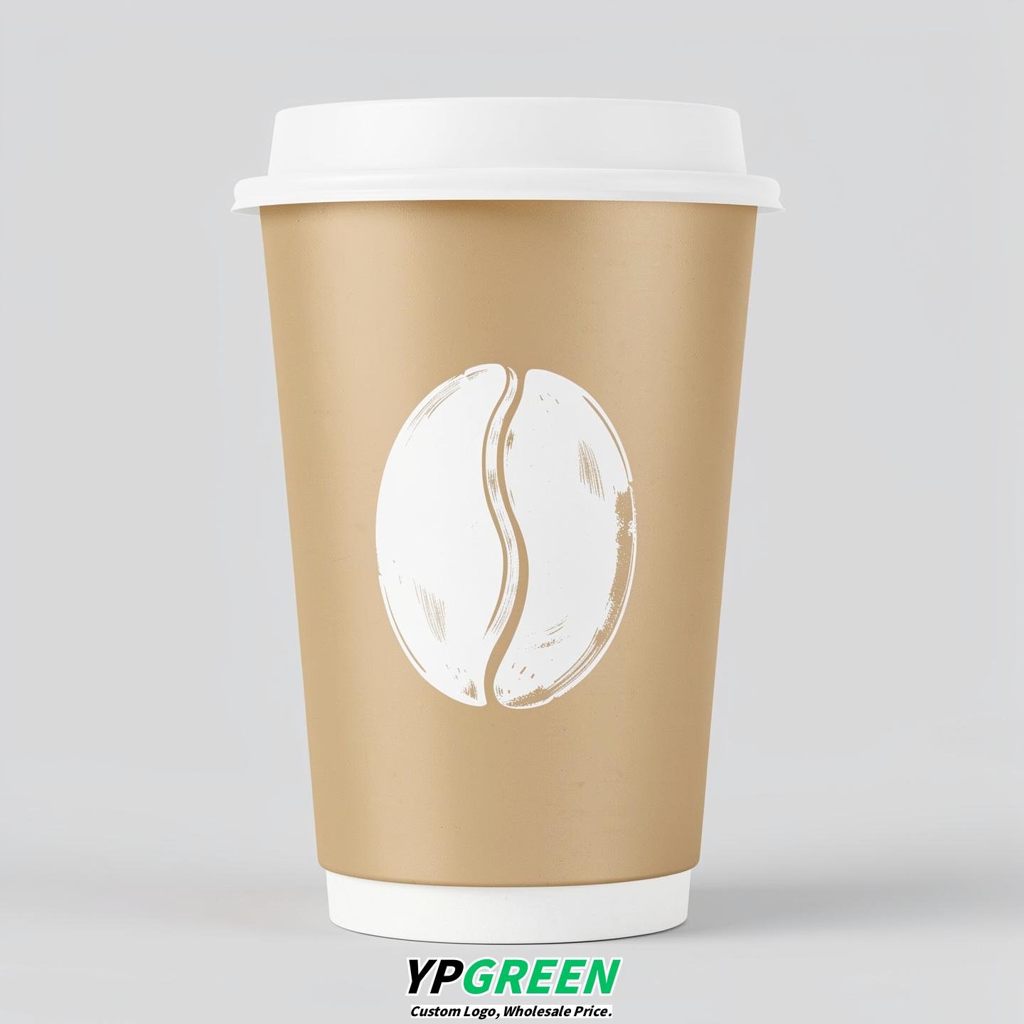 Champagne Paper Cups with Coffee Bean Logo & Lids 8-24oz