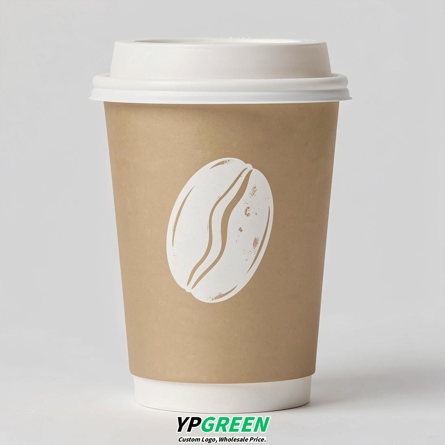 Champagne Paper Cups with Coffee Bean Logo & Lids 8-24oz
