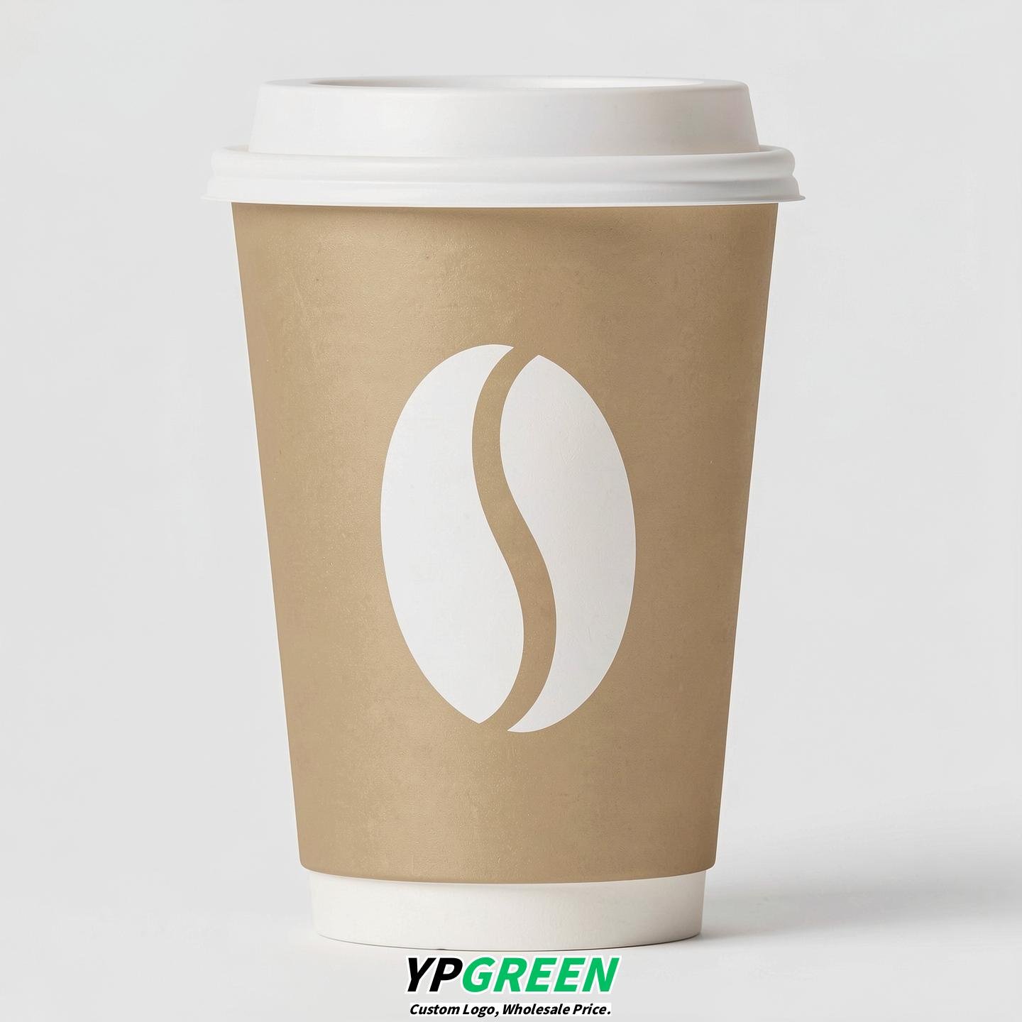 Champagne Paper Cups with Coffee Bean Logo & Lids 8-24oz