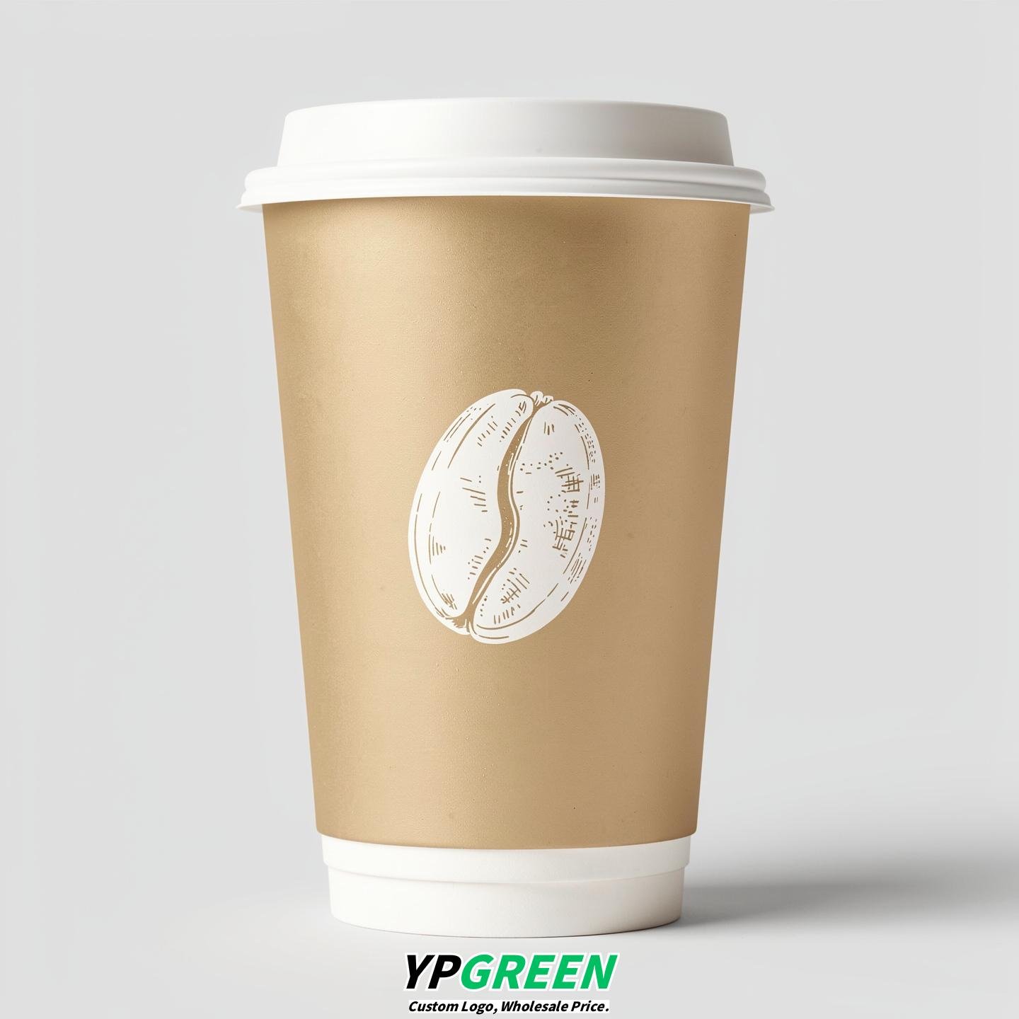 Champagne Paper Cups with Coffee Bean Logo & Lids 8-24oz