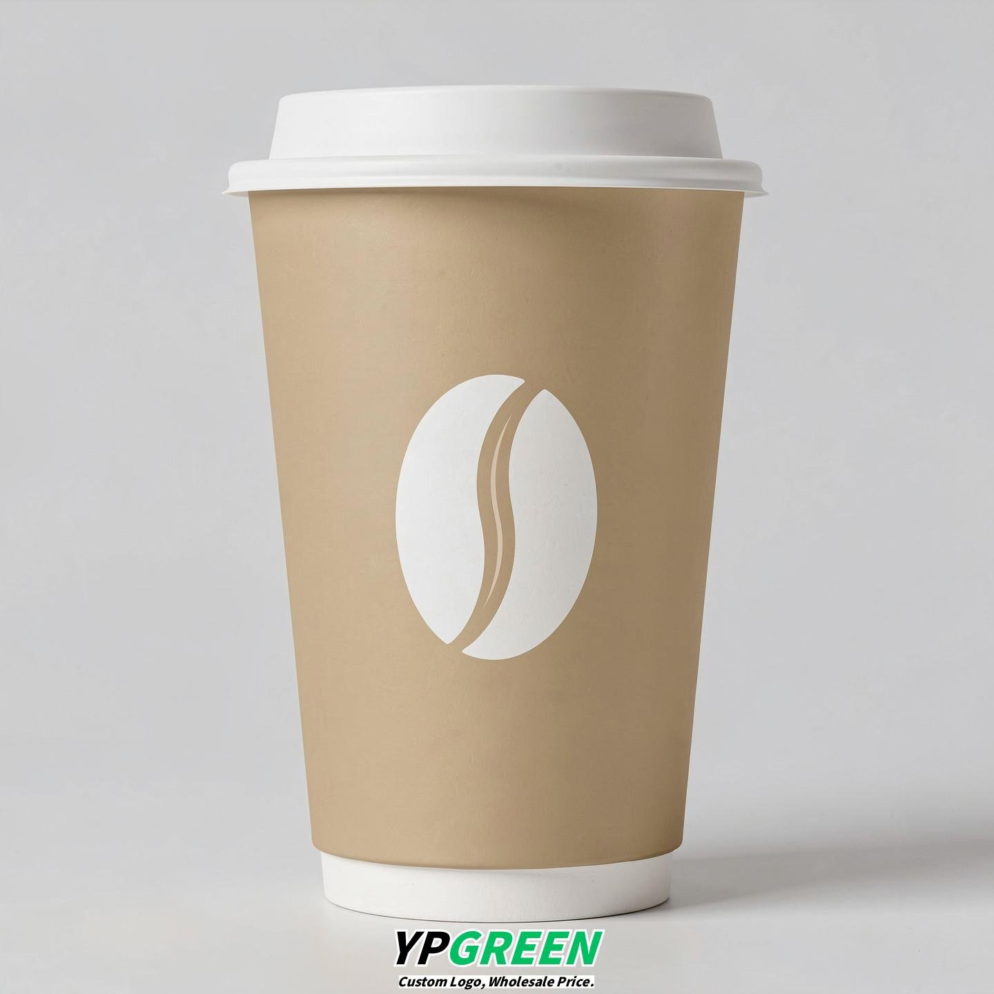 Champagne Paper Cups with Coffee Bean Logo & Lids 8-24oz Champagne Paper Cups with Coffee Bean Logo & Lids 8-24oz