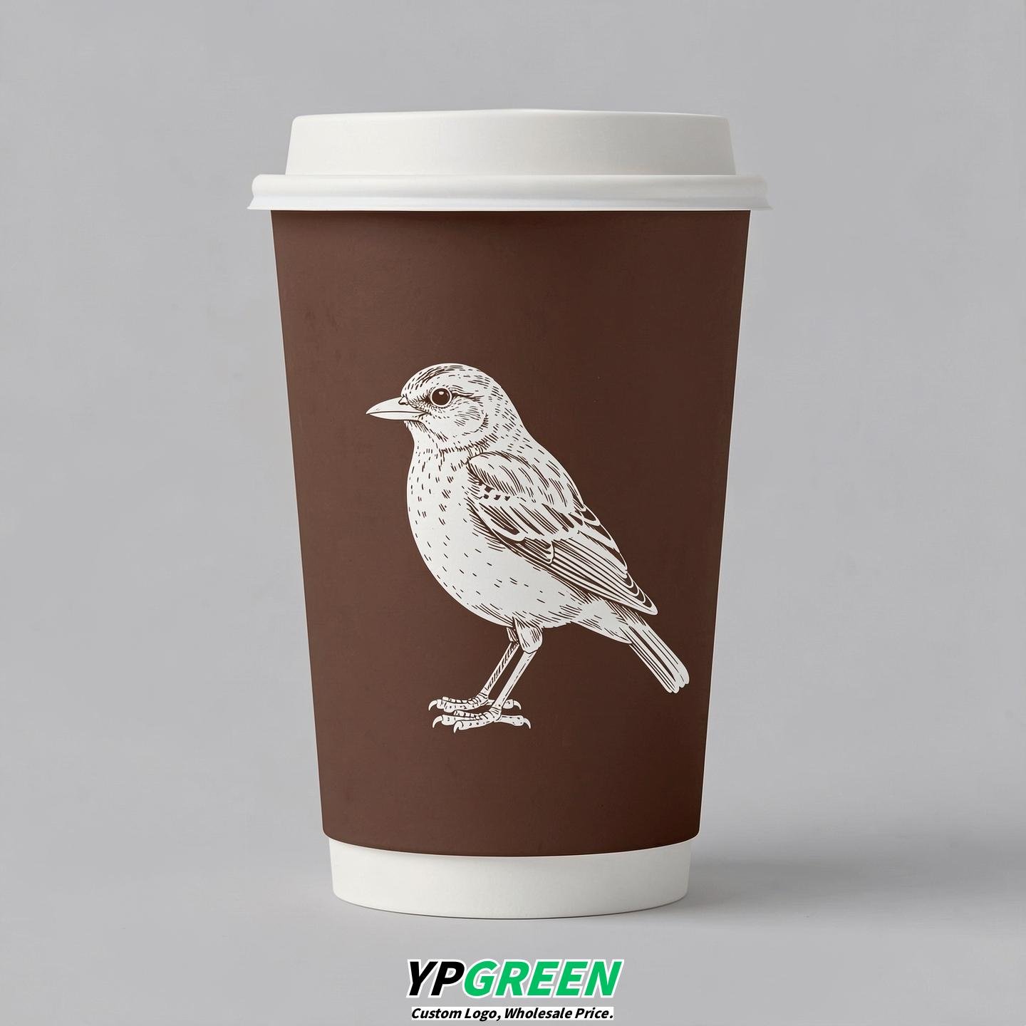 Chocolate Paper Cups with Bird Logo & Lids 8-24oz