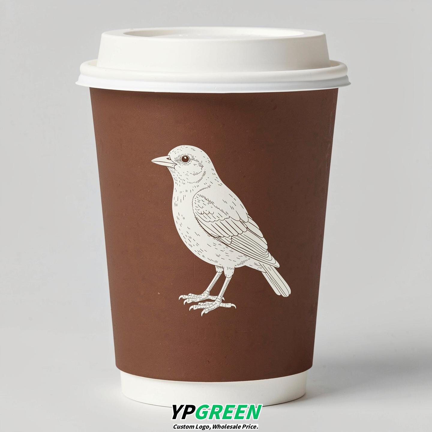 Chocolate Paper Cups with Bird Logo & Lids 8-24oz
