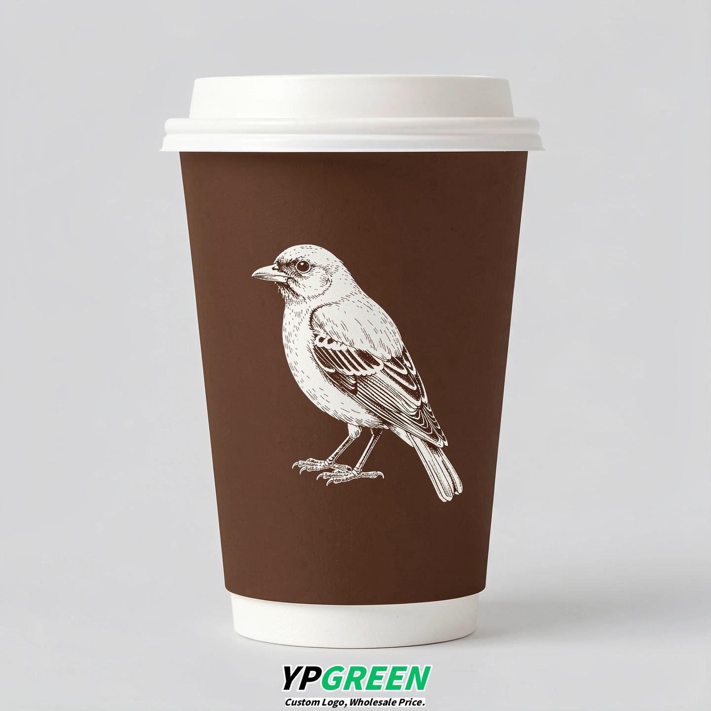 Chocolate Paper Cups with Bird Logo & Lids 8-24oz