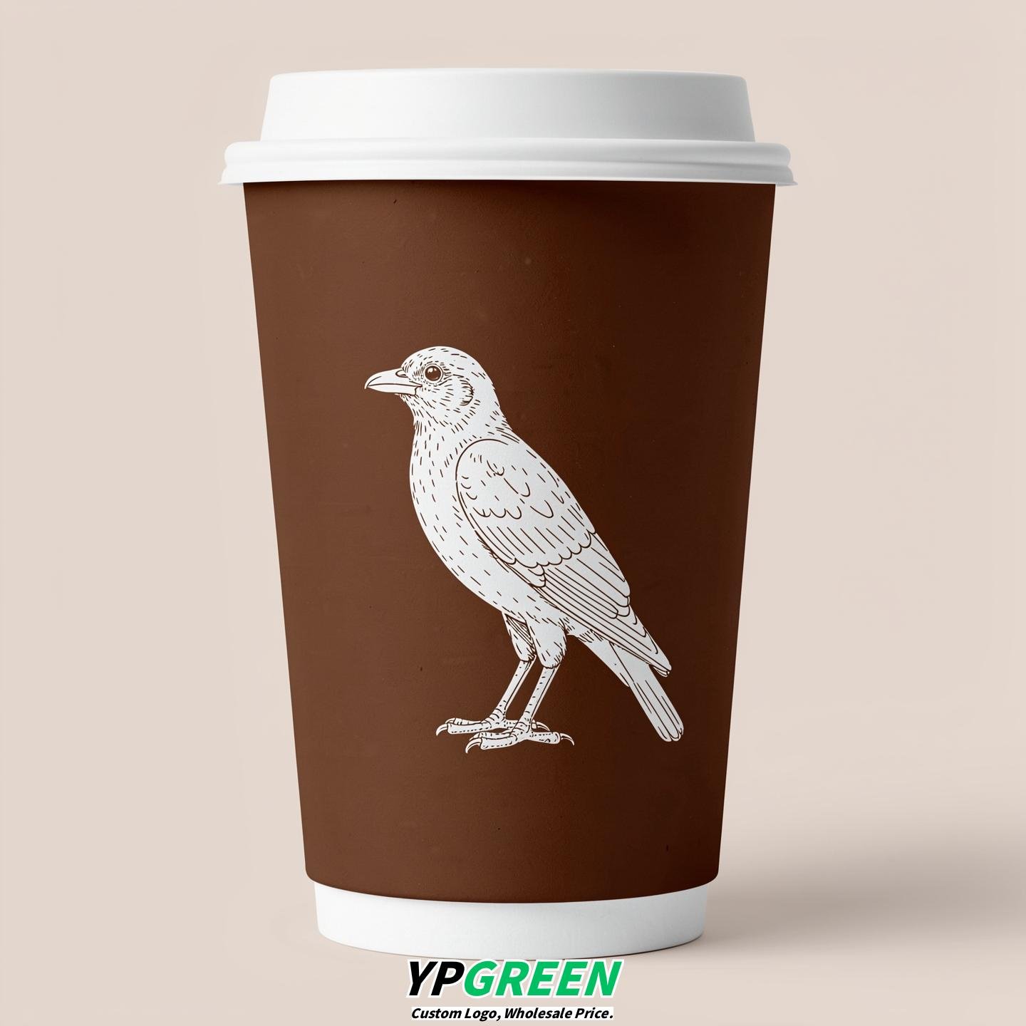 Chocolate Paper Cups with Bird Logo & Lids 8-24oz