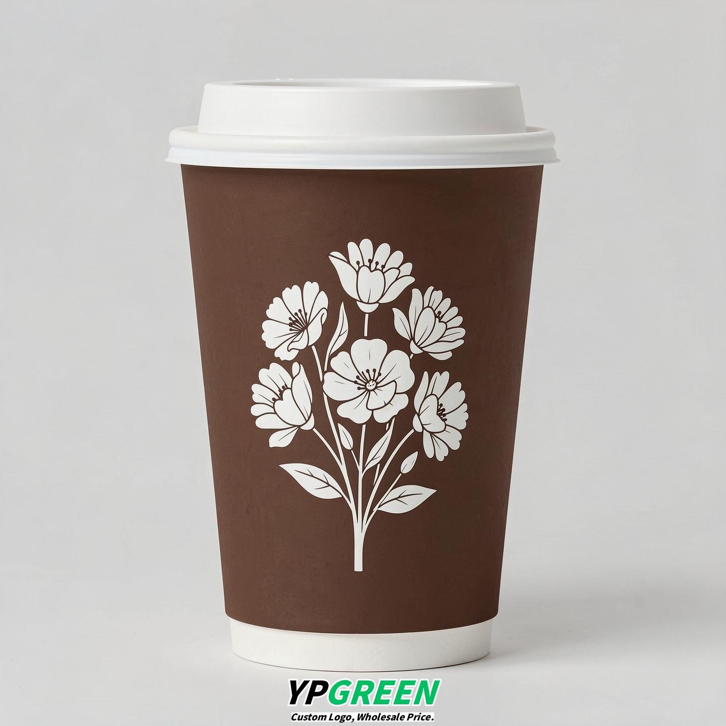 Chocolate Floral Paper Cups with Lids 8-24oz