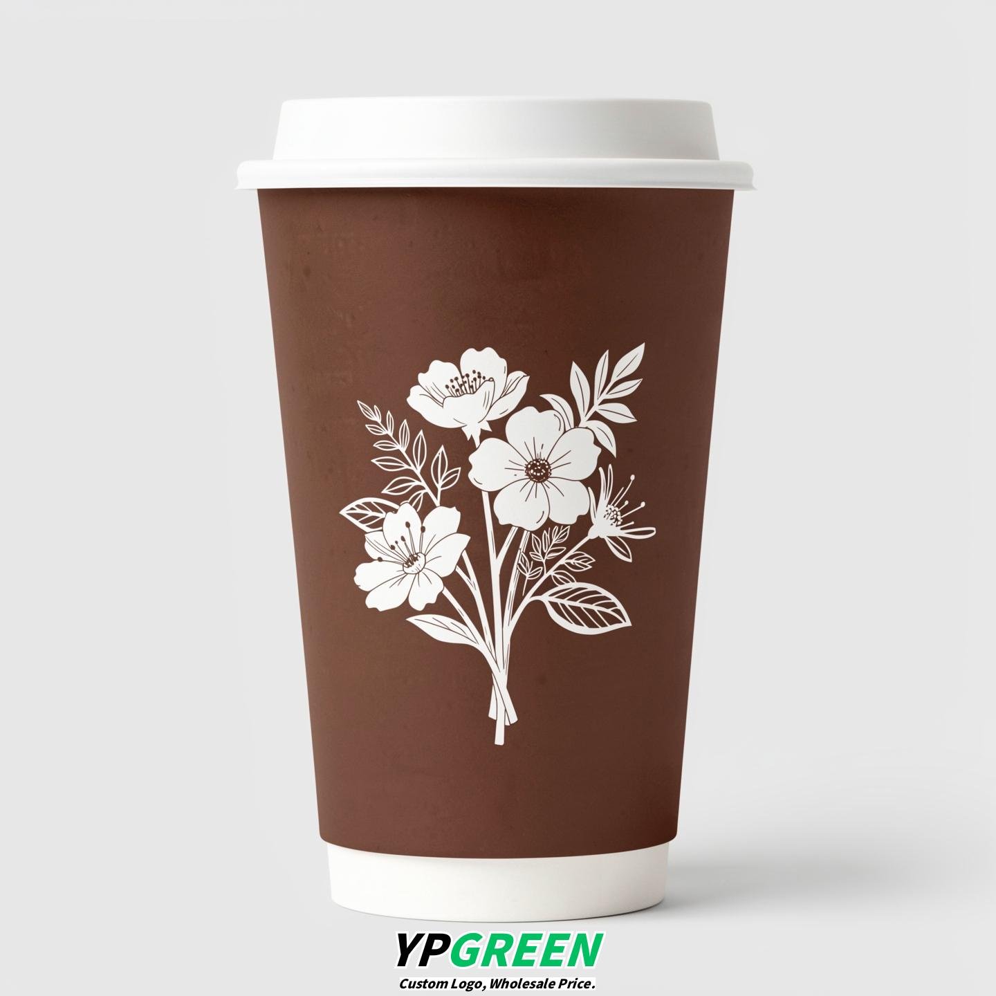 Chocolate Floral Paper Cups with Lids 8-24oz