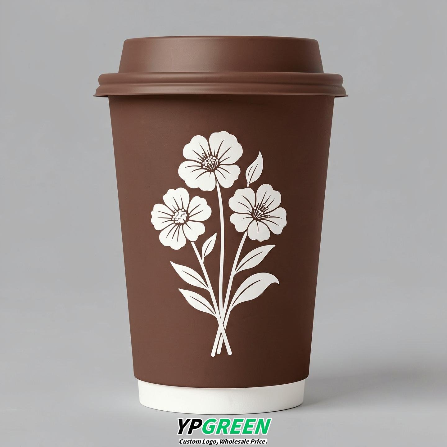 Chocolate Floral Paper Cups with Lids 8-24oz