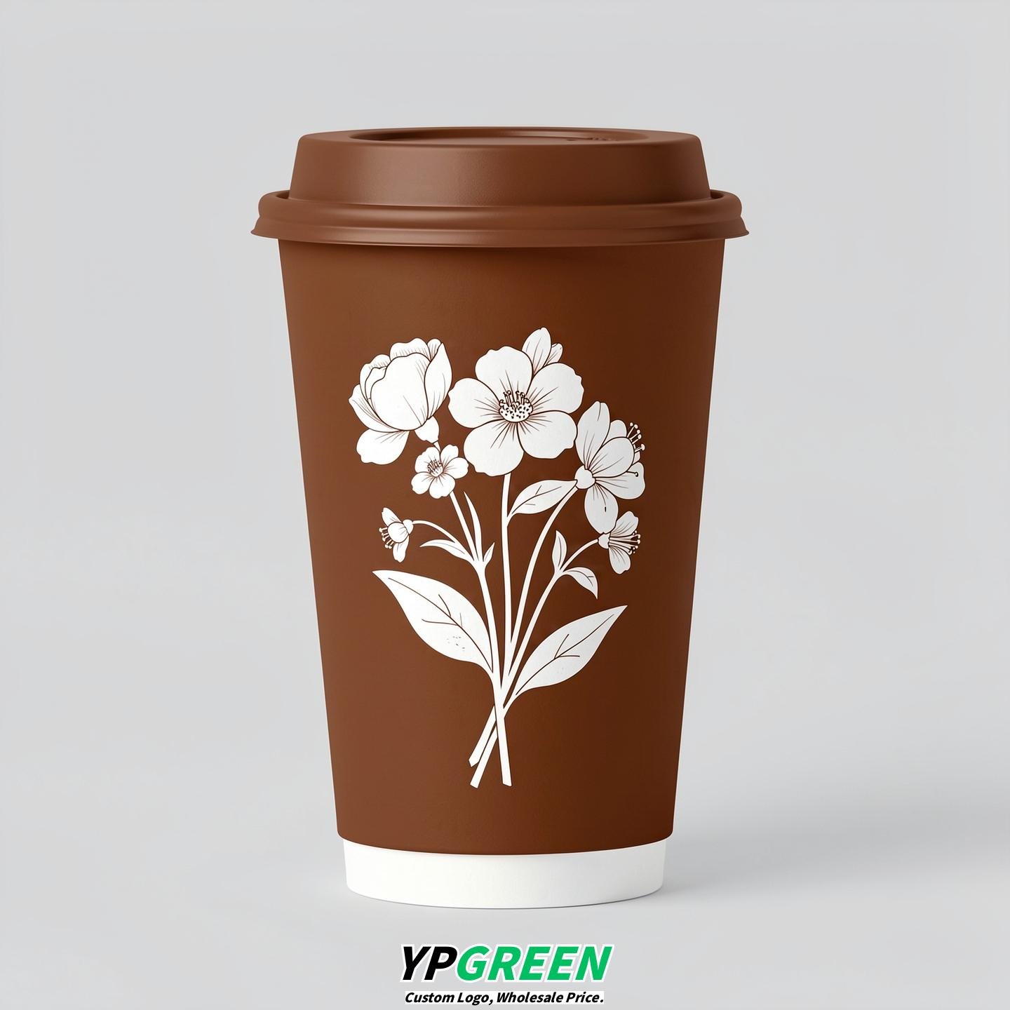 Chocolate Floral Paper Cups with Lids 8-24oz