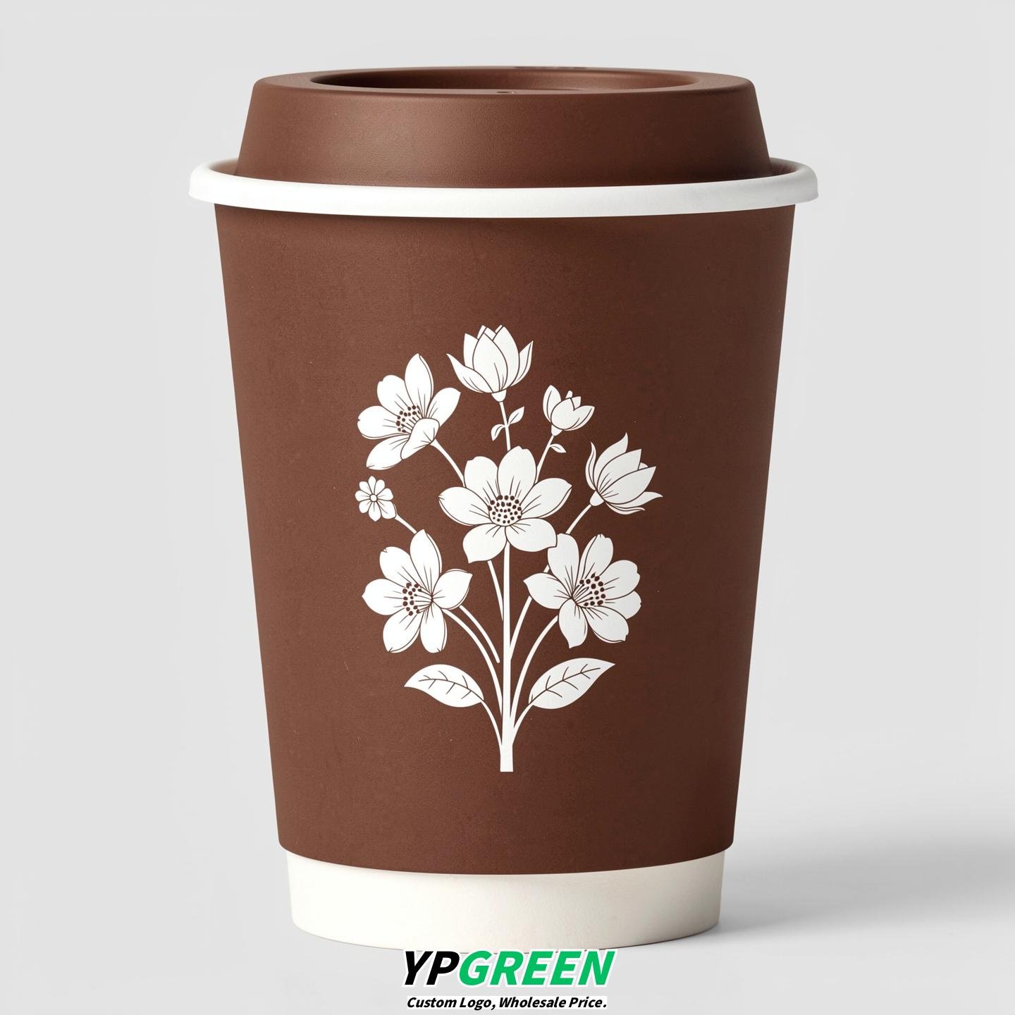 Chocolate Floral Paper Cups with Lids 8-24oz