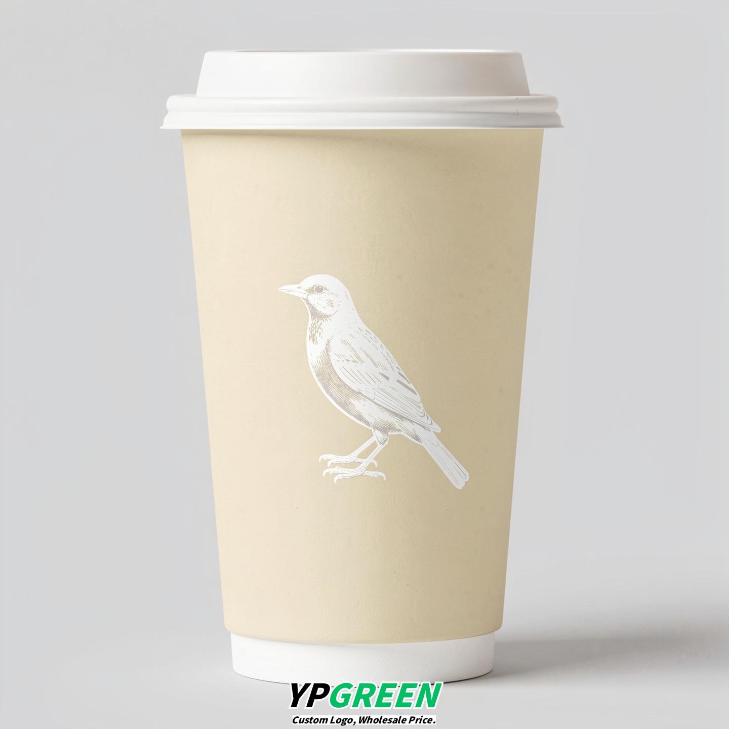 Cream Paper Cups with Bird Logo & Lids 8-24oz