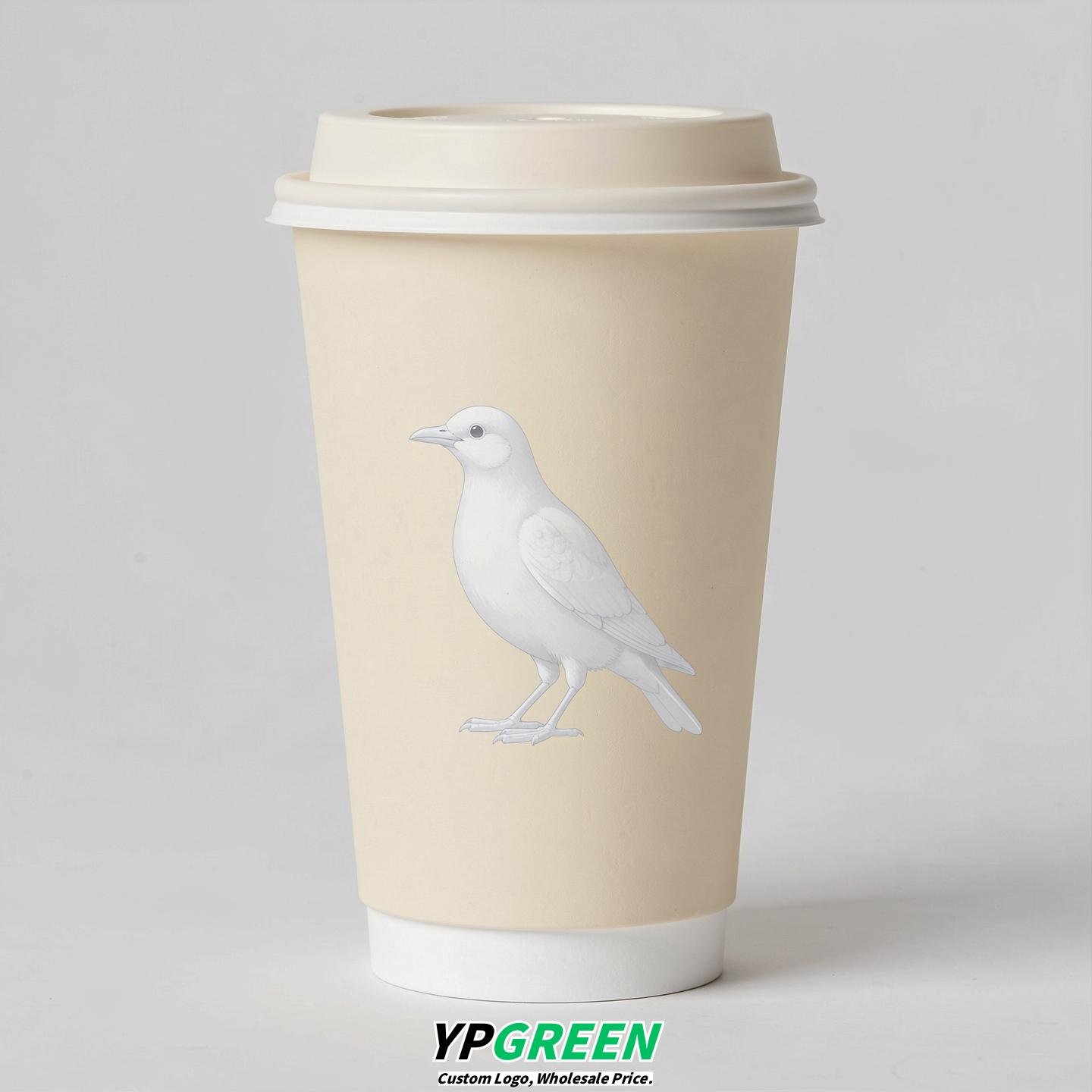 Cream Paper Cups with Bird Logo & Lids 8-24oz