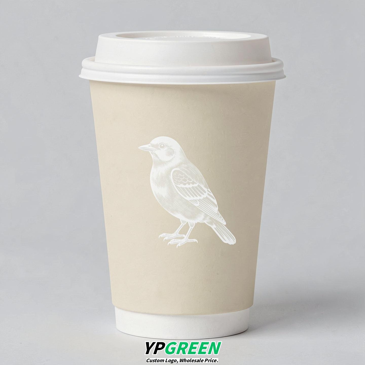 Cream Paper Cups with Bird Logo & Lids 8-24oz