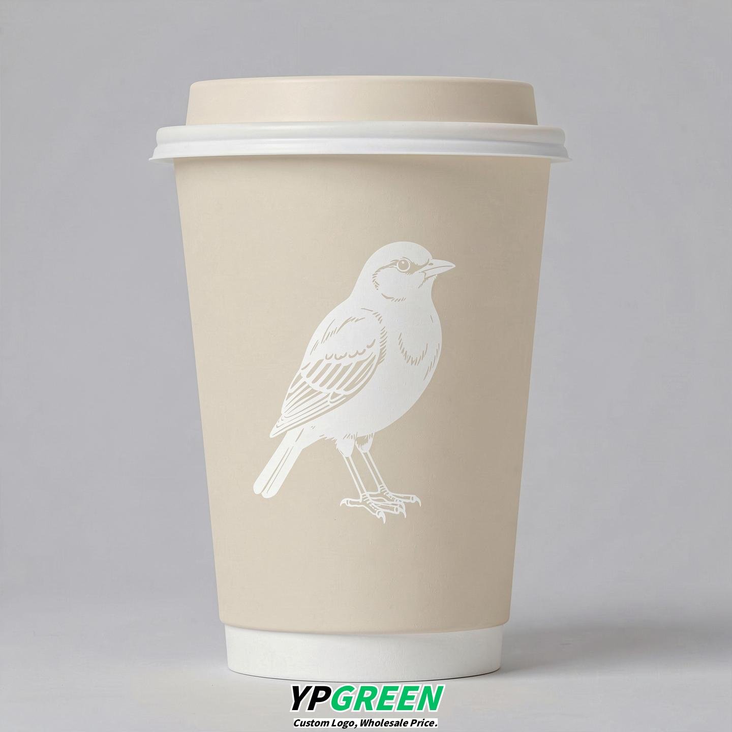 Cream Paper Cups with Bird Logo & Lids 8-24oz