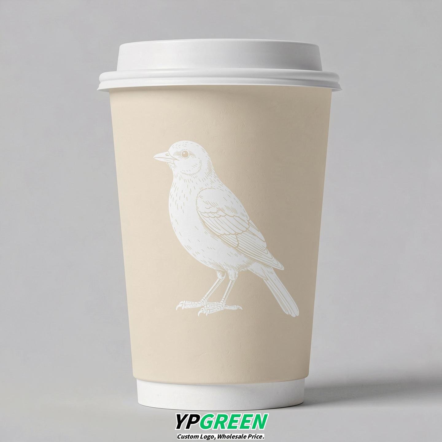 Cream Paper Cups with Bird Logo & Lids 8-24oz