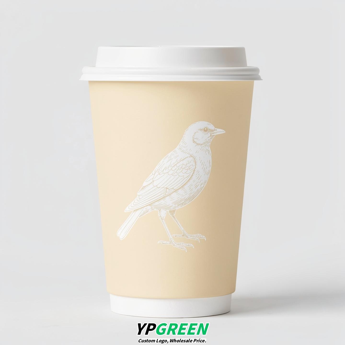 Cream Paper Cups with Bird Logo & Lids 8-24oz