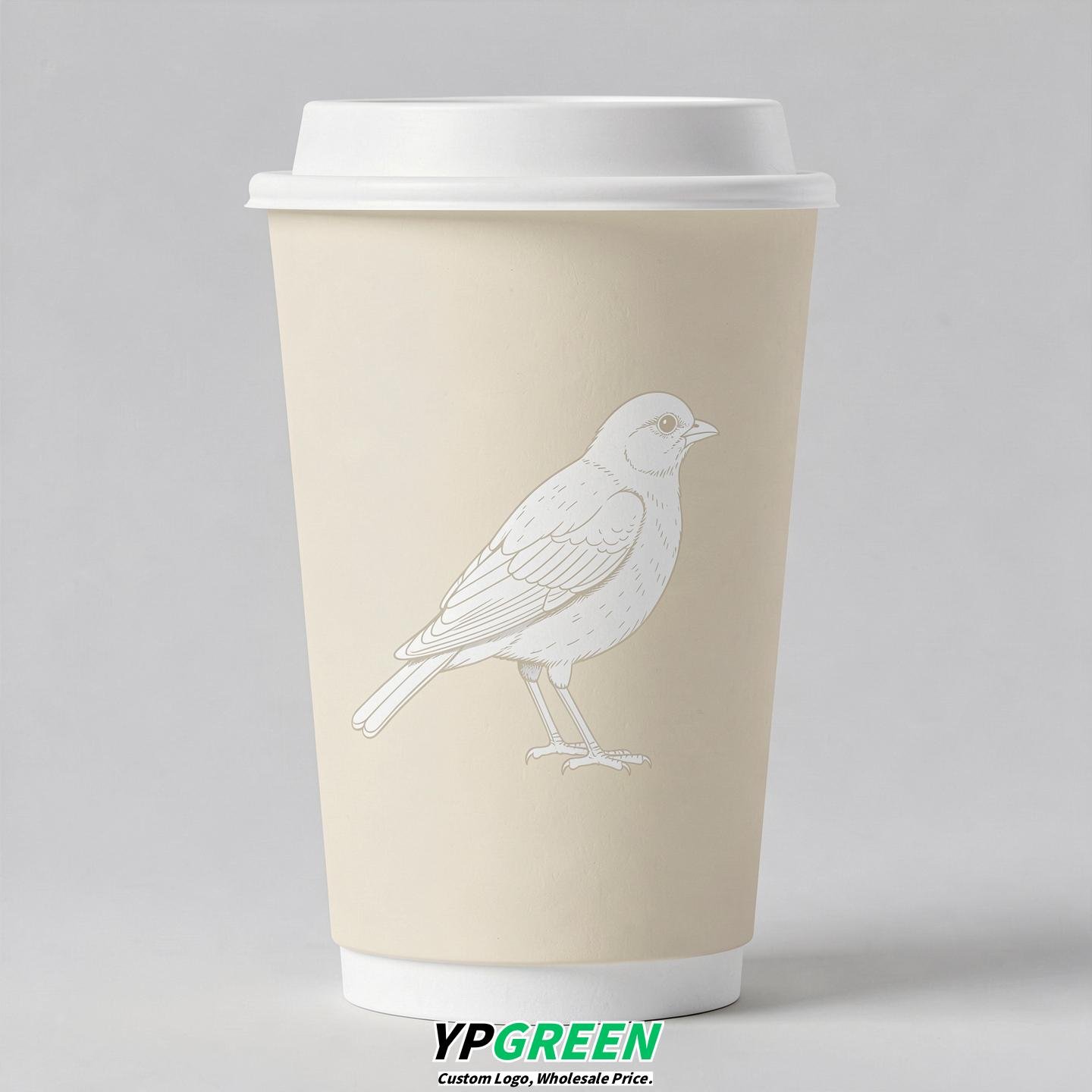 Cream Paper Cups with Bird Logo & Lids 8-24oz