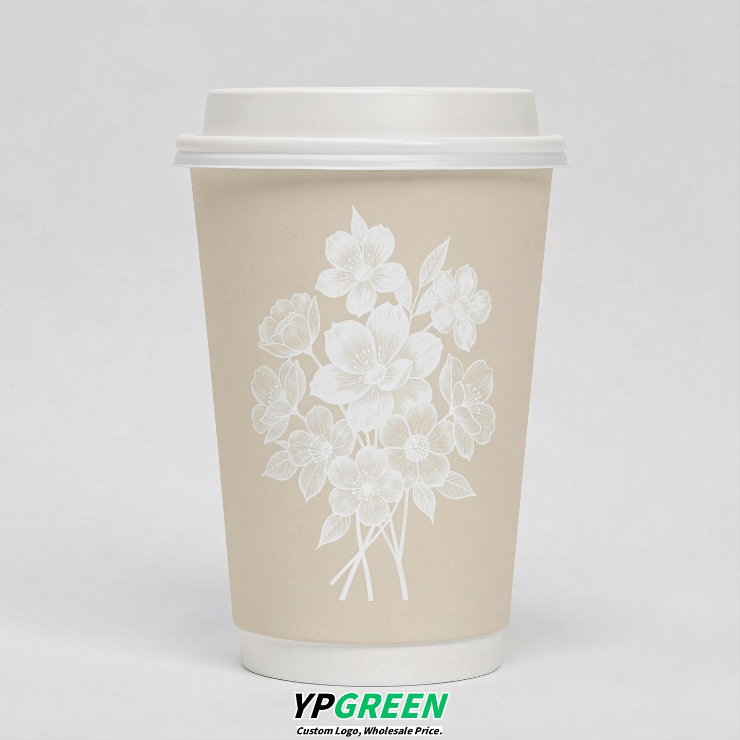 Cream Floral Paper Cups with Lids 8-24oz