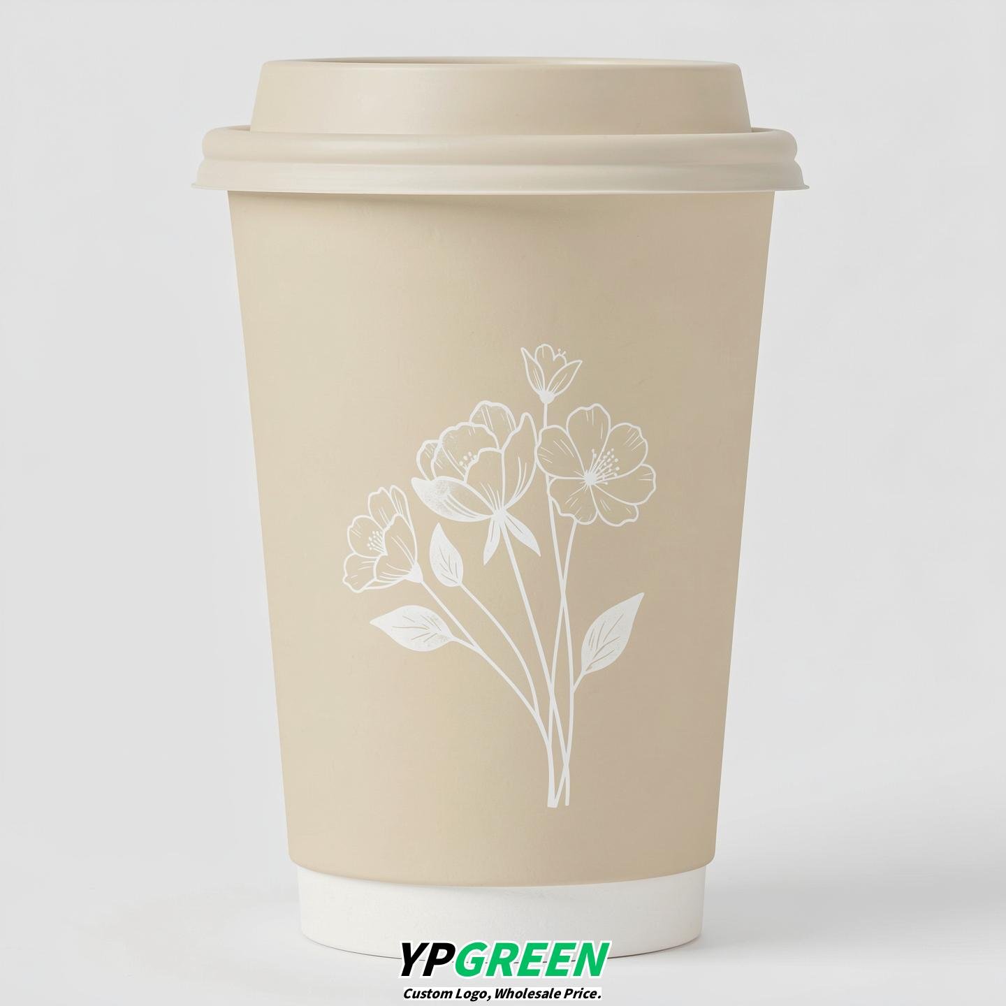 Cream Floral Paper Cups with Lids 8-24oz
