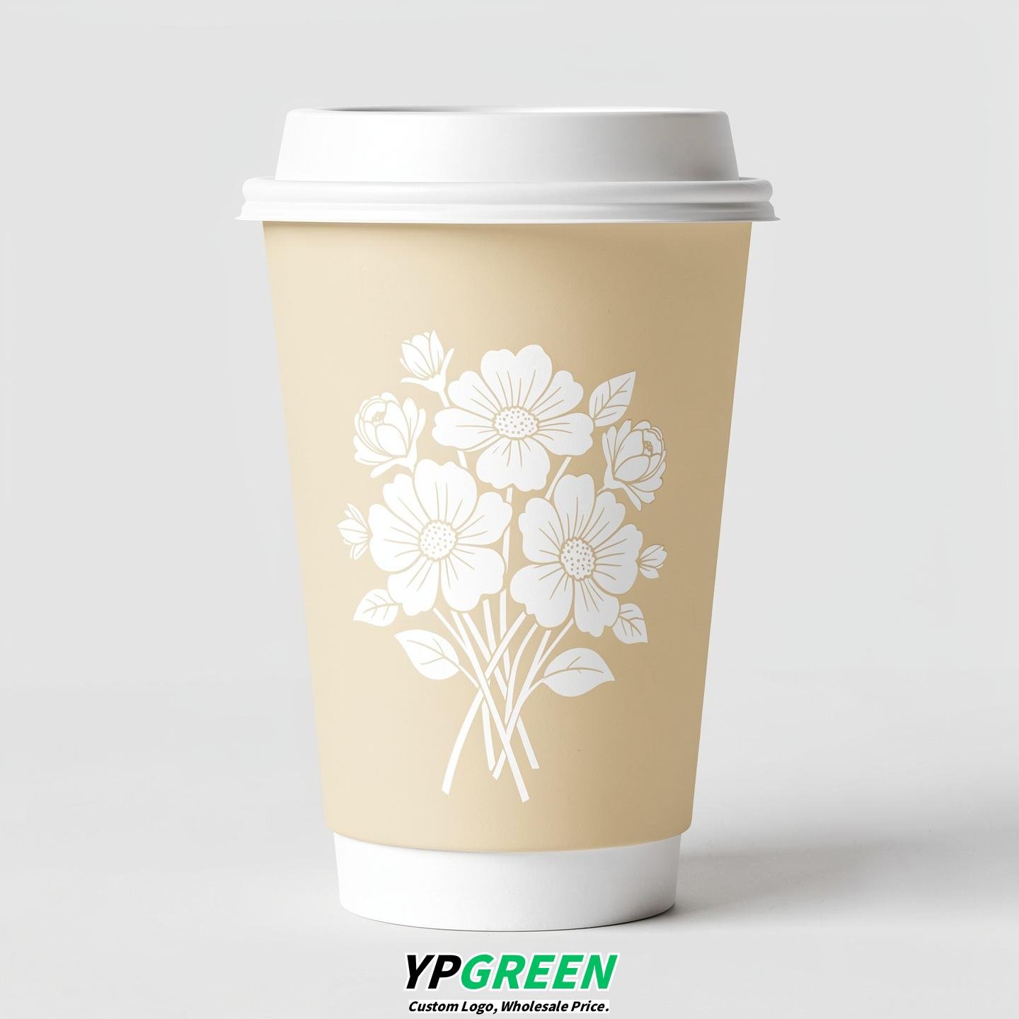 Cream Floral Paper Cups with Lids 8-24oz