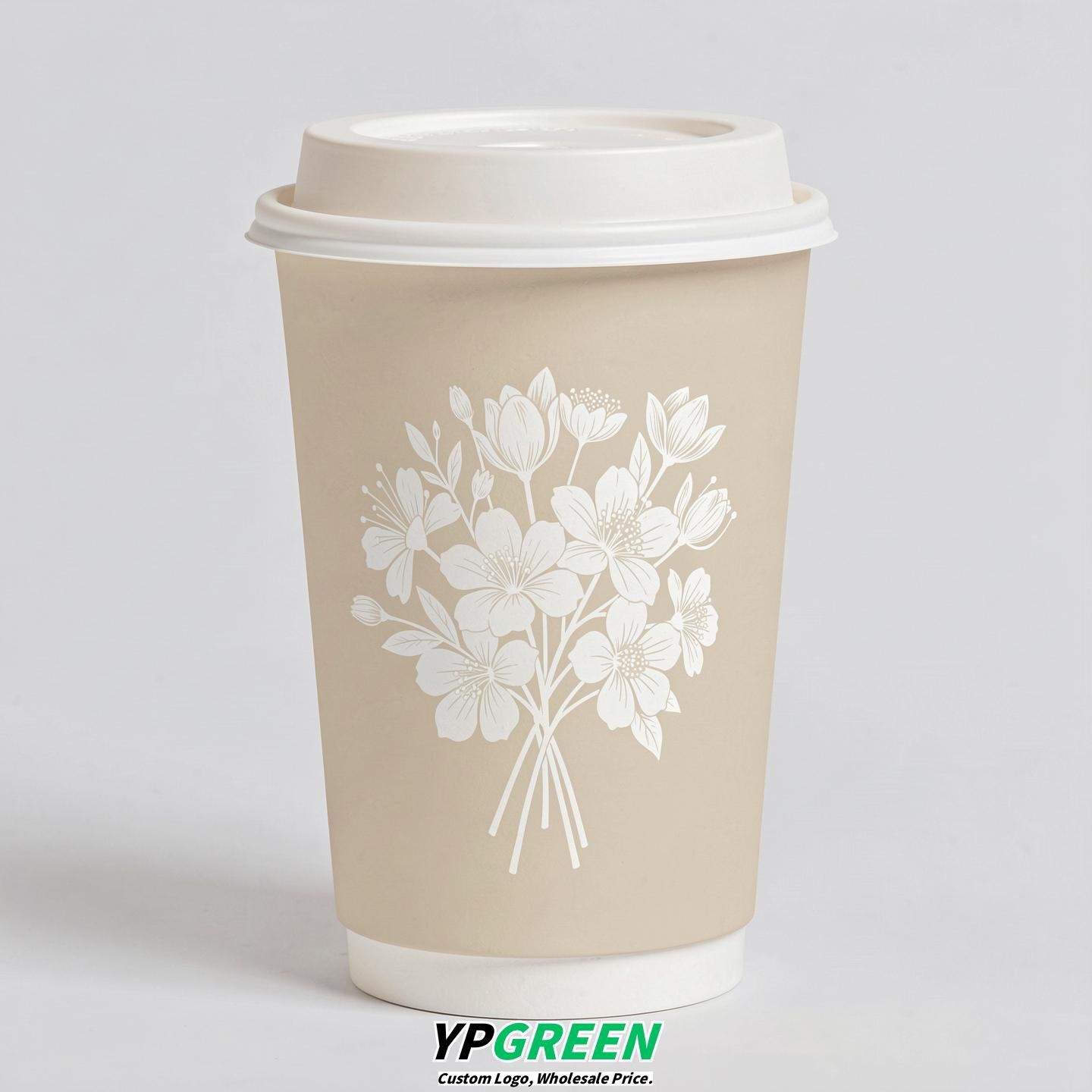 Cream Floral Paper Cups with Lids 8-24oz