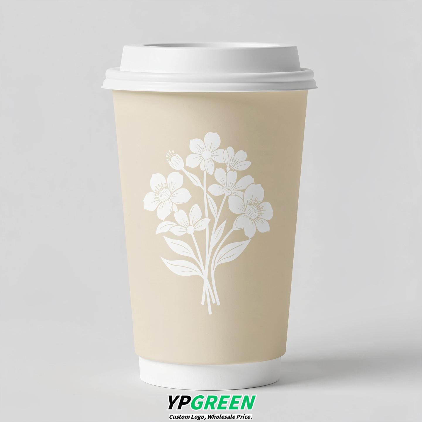 Cream Floral Paper Cups with Lids 8-24oz