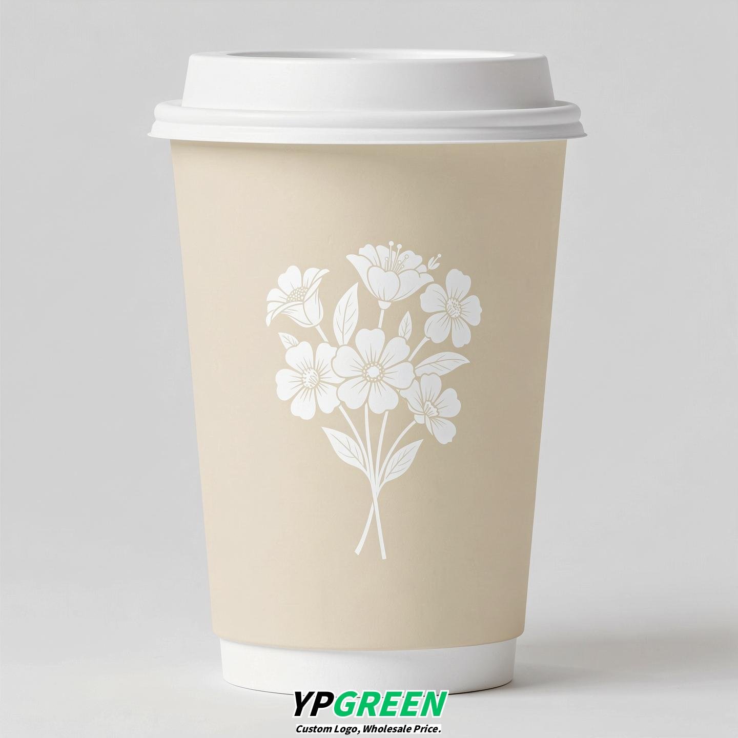 Cream Floral Paper Cups with Lids 8-24oz