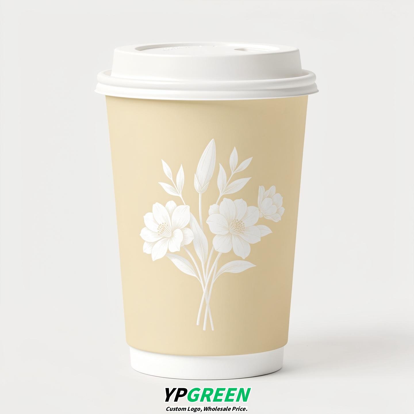 Cream Floral Paper Cups with Lids 8-24oz