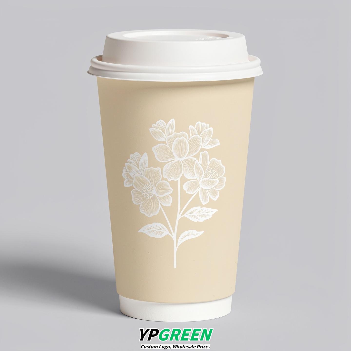 Cream Floral Paper Cups with Lids 8-24oz