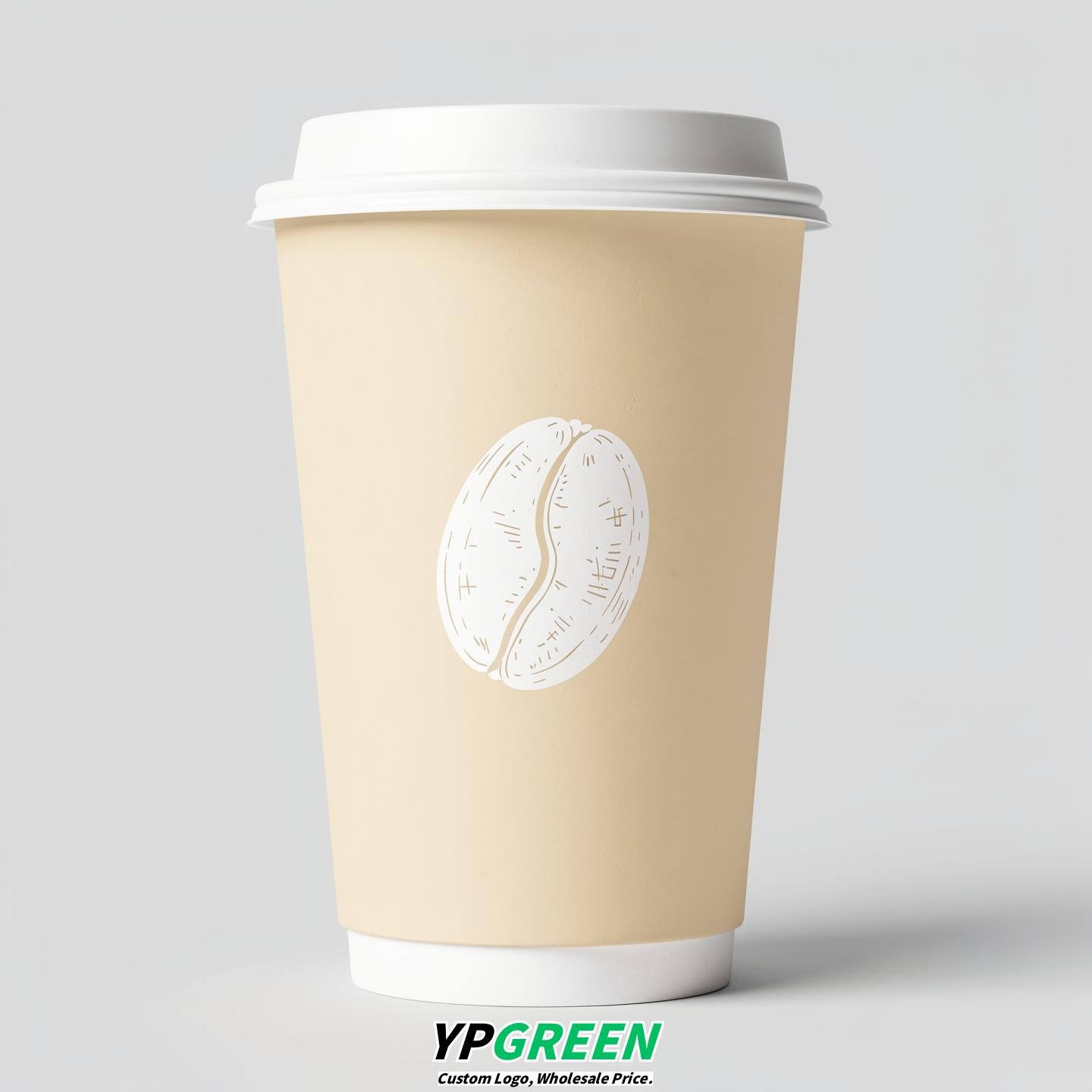 Cream Paper Cups with Coffee Bean Logo & Lids 8-24oz