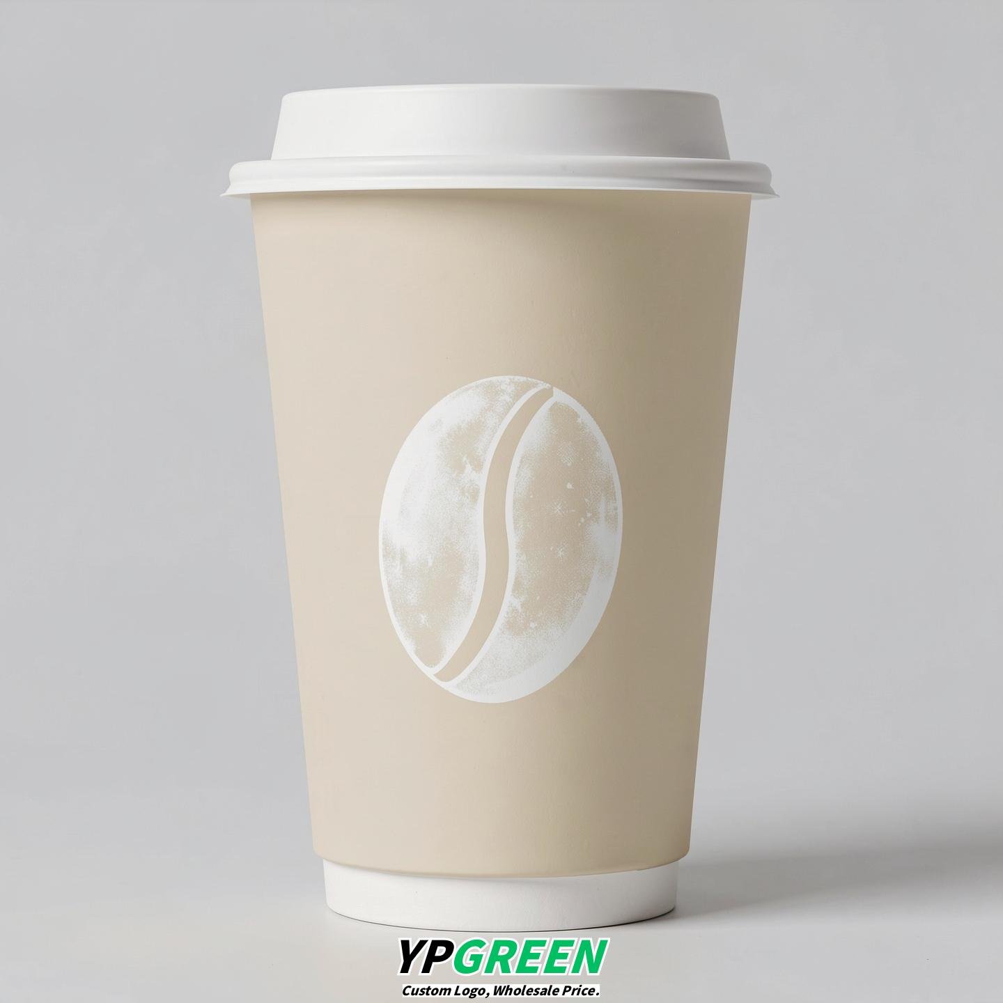 Cream Paper Cups with Coffee Bean Logo & Lids 8-24oz