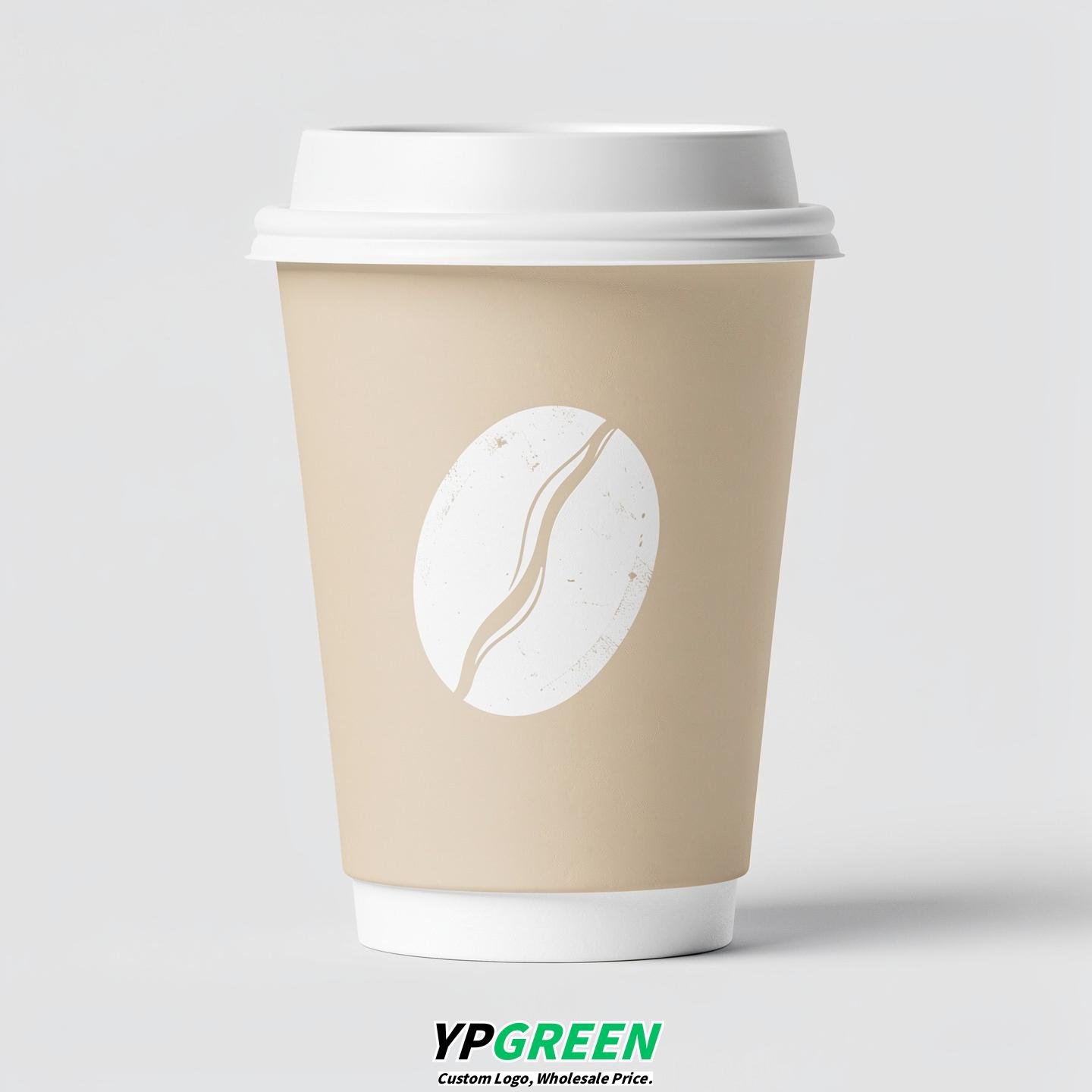 Cream Paper Cups with Coffee Bean Logo & Lids 8-24oz