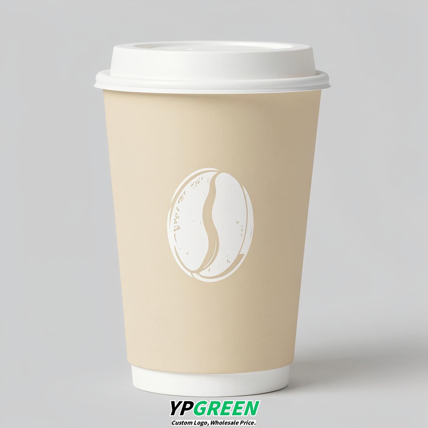 Cream Paper Cups with Coffee Bean Logo & Lids 8-24oz