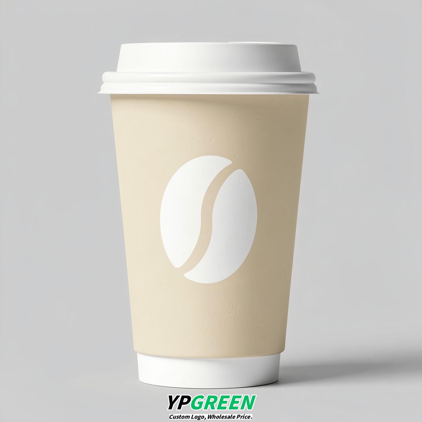Cream Paper Cups with Coffee Bean Logo & Lids 8-24oz