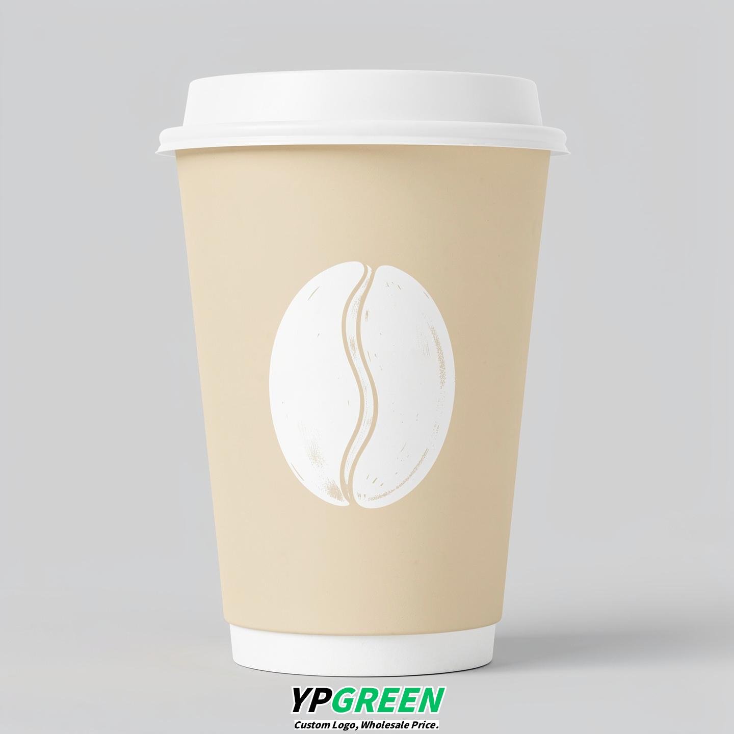 Cream Paper Cups with Coffee Bean Logo & Lids 8-24oz