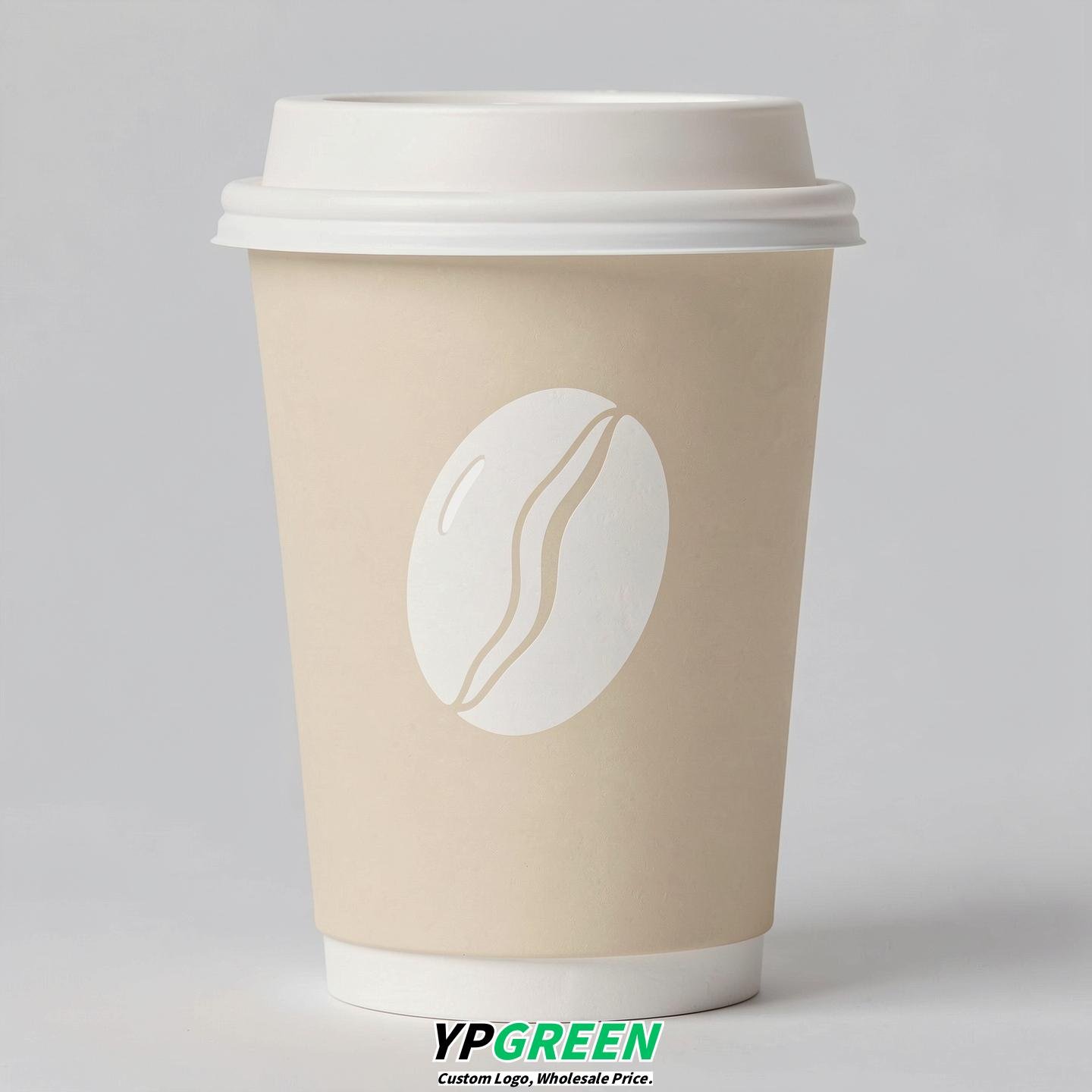 Cream Paper Cups with Coffee Bean Logo & Lids 8-24oz