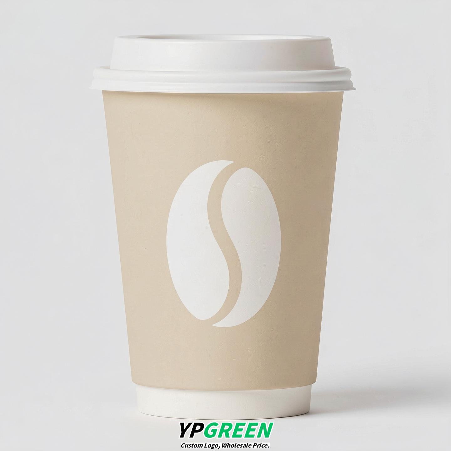 Cream Paper Cups with Coffee Bean Logo & Lids 8-24oz