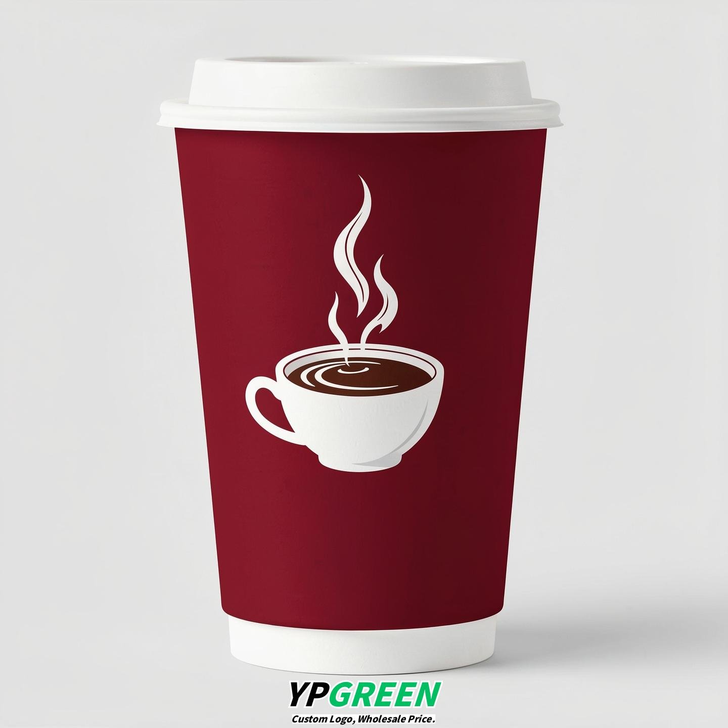 Crimson Hot Coffee Icon Paper Cups - Disposable Steaming Coffee Design
