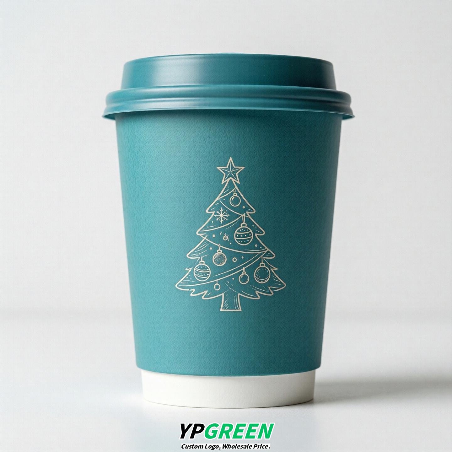 Cyan Paper Cups with Christmas Design 8-24oz