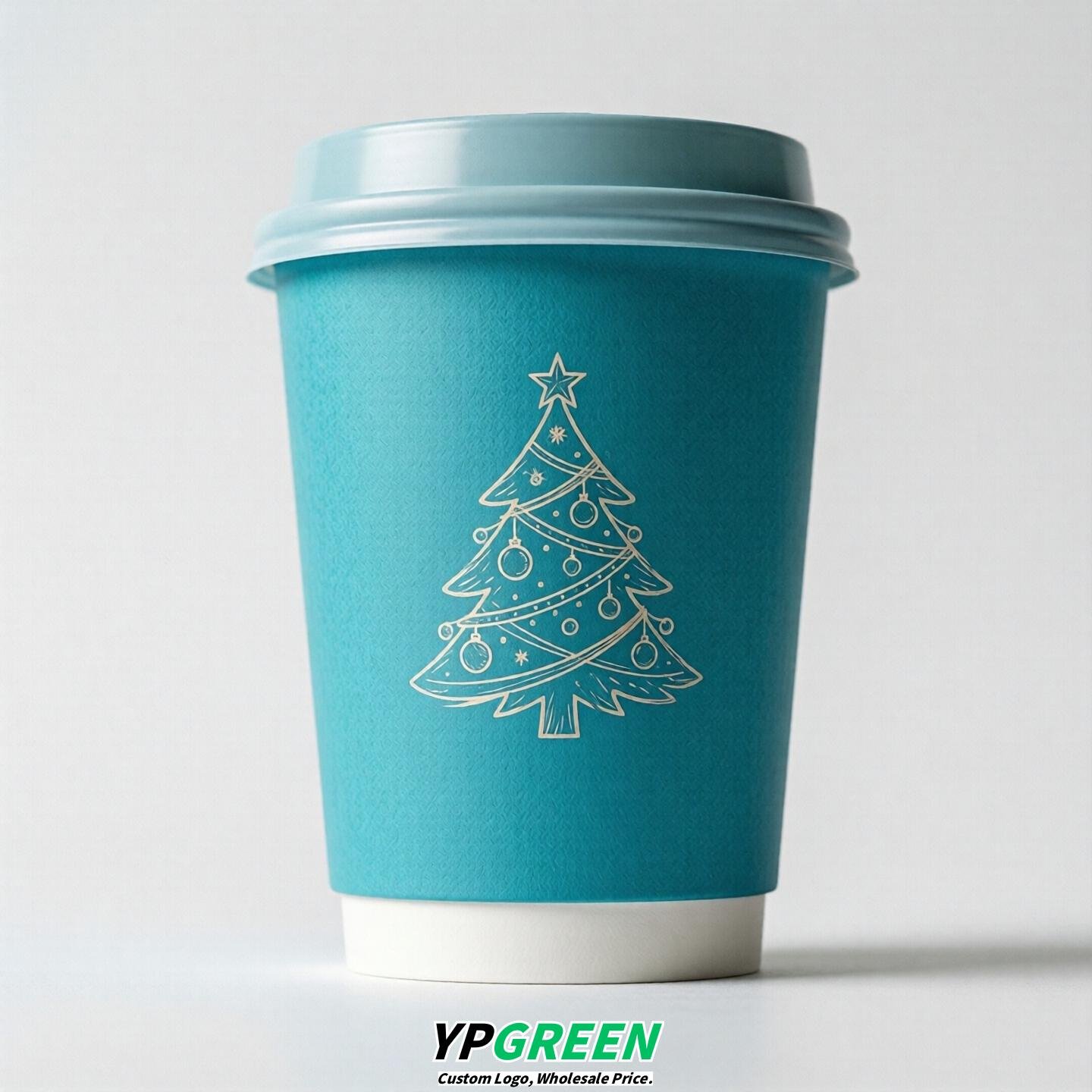 Cyan Paper Cups with Christmas Design 8-24oz